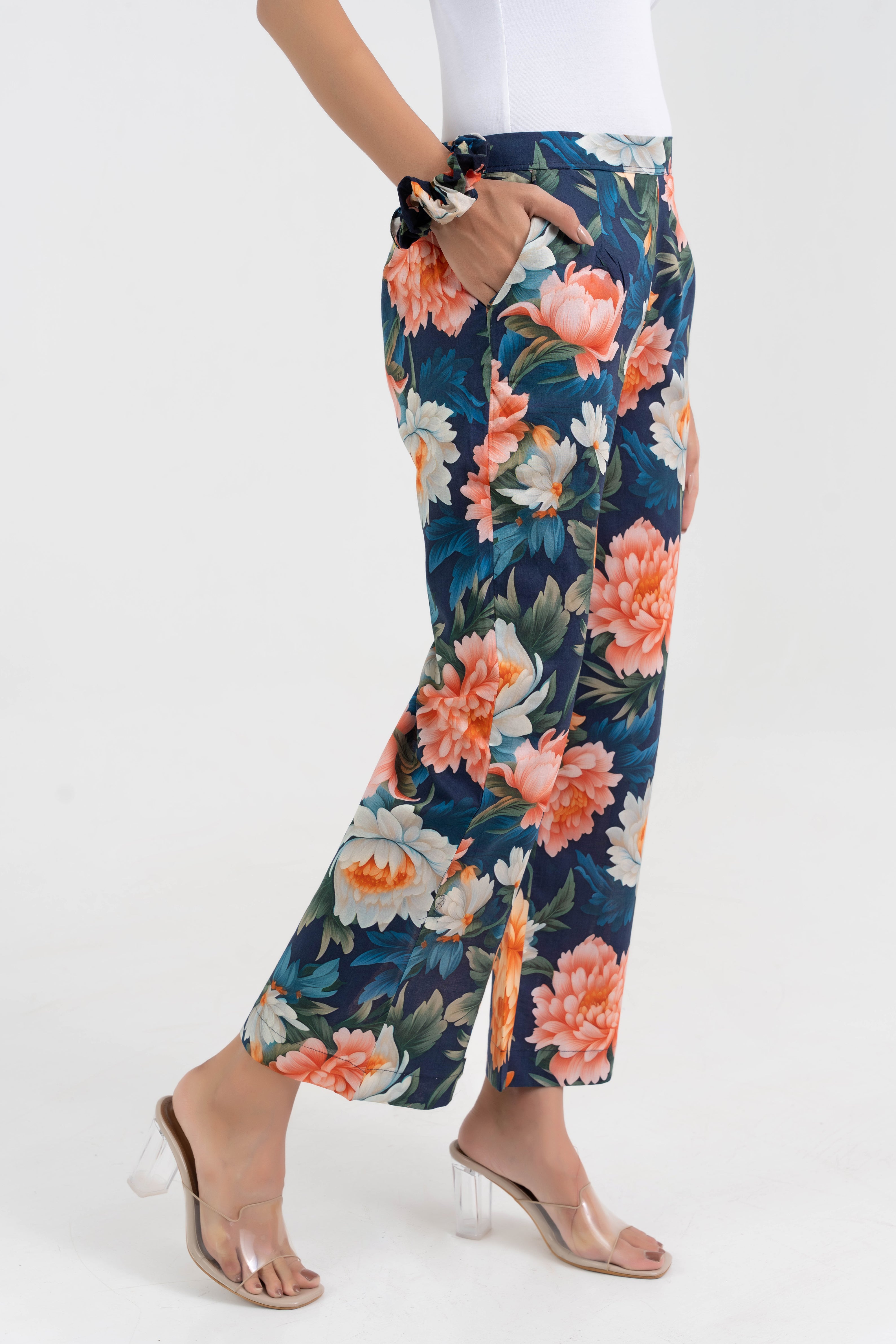 Navy Blue Bold Floral Printed Pure Cotton Pant