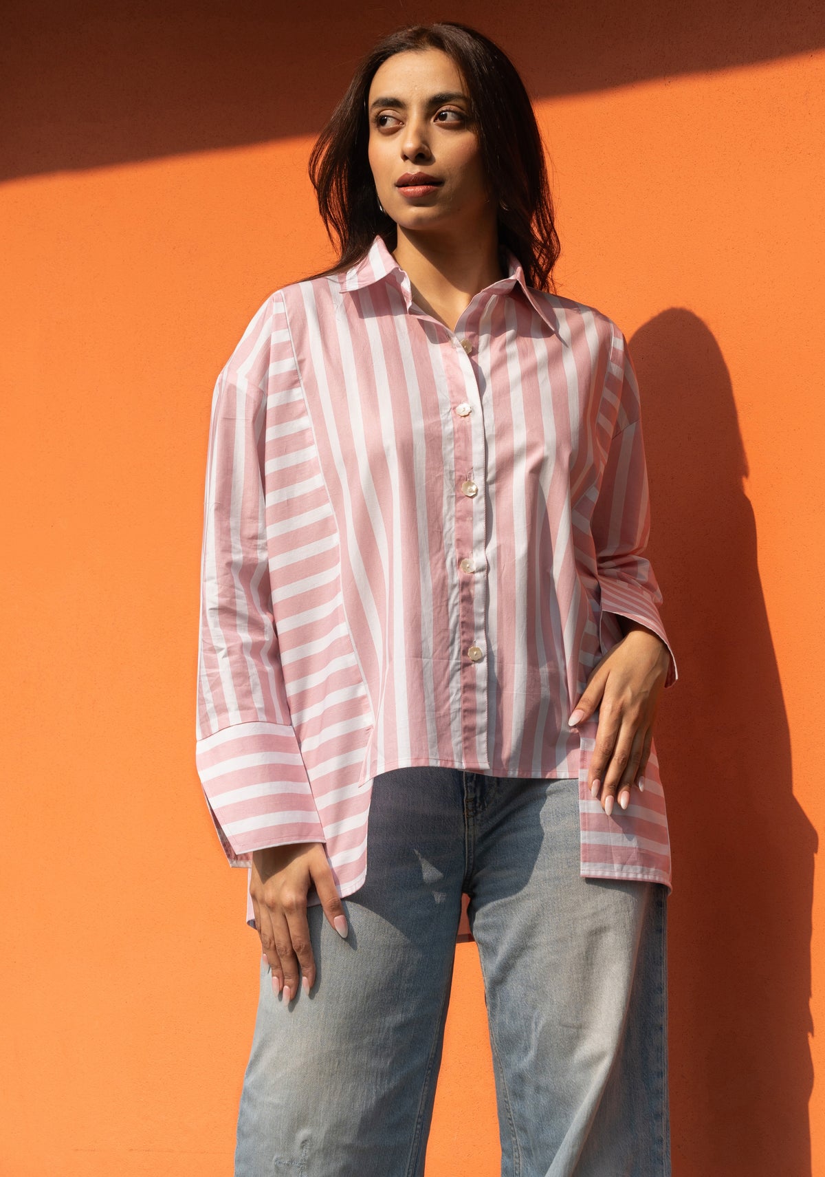 Baby Pink Broad Stripe Pure Cotton Oversized Shirt