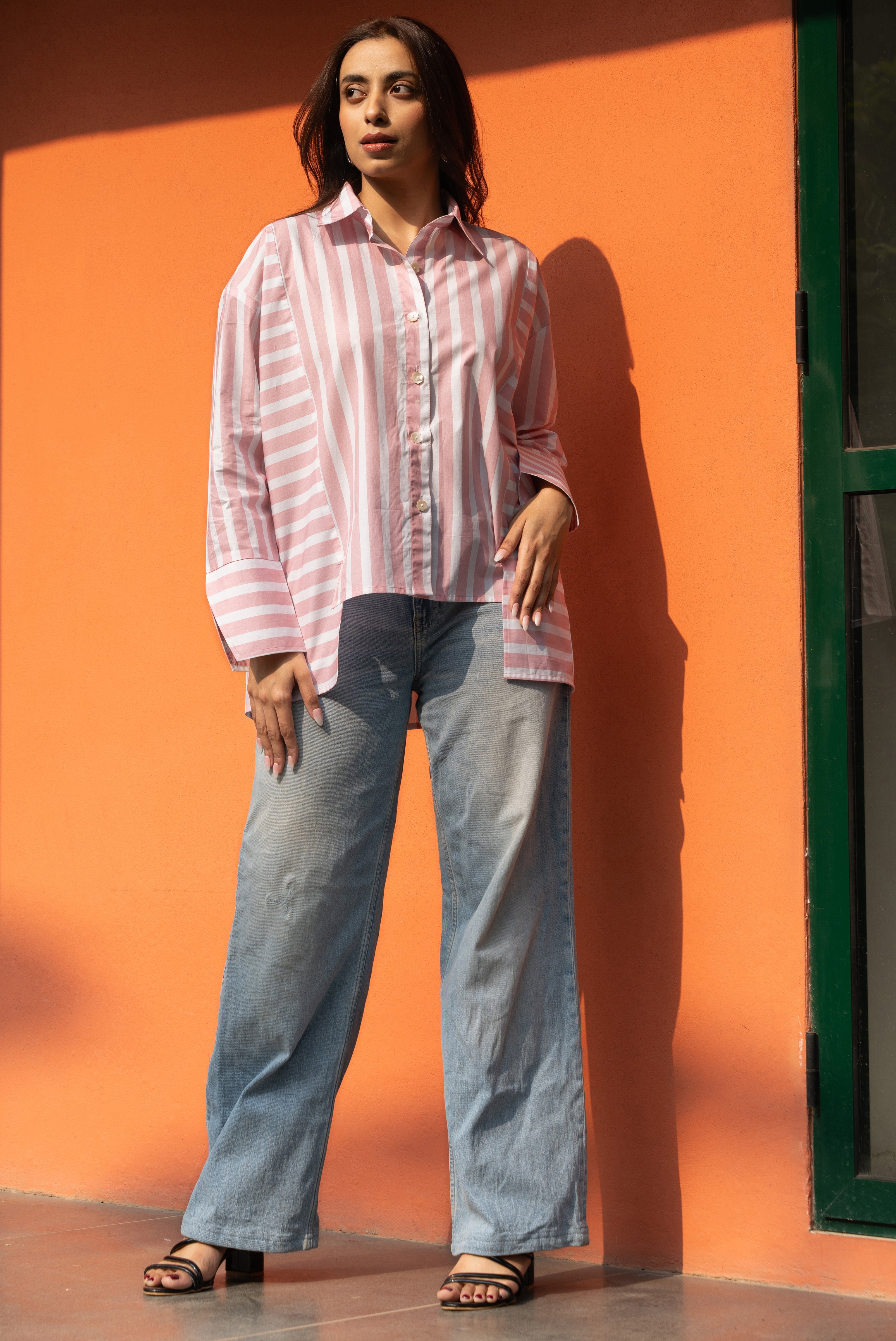 Baby Pink Broad Stripe Pure Cotton Oversized Shirt