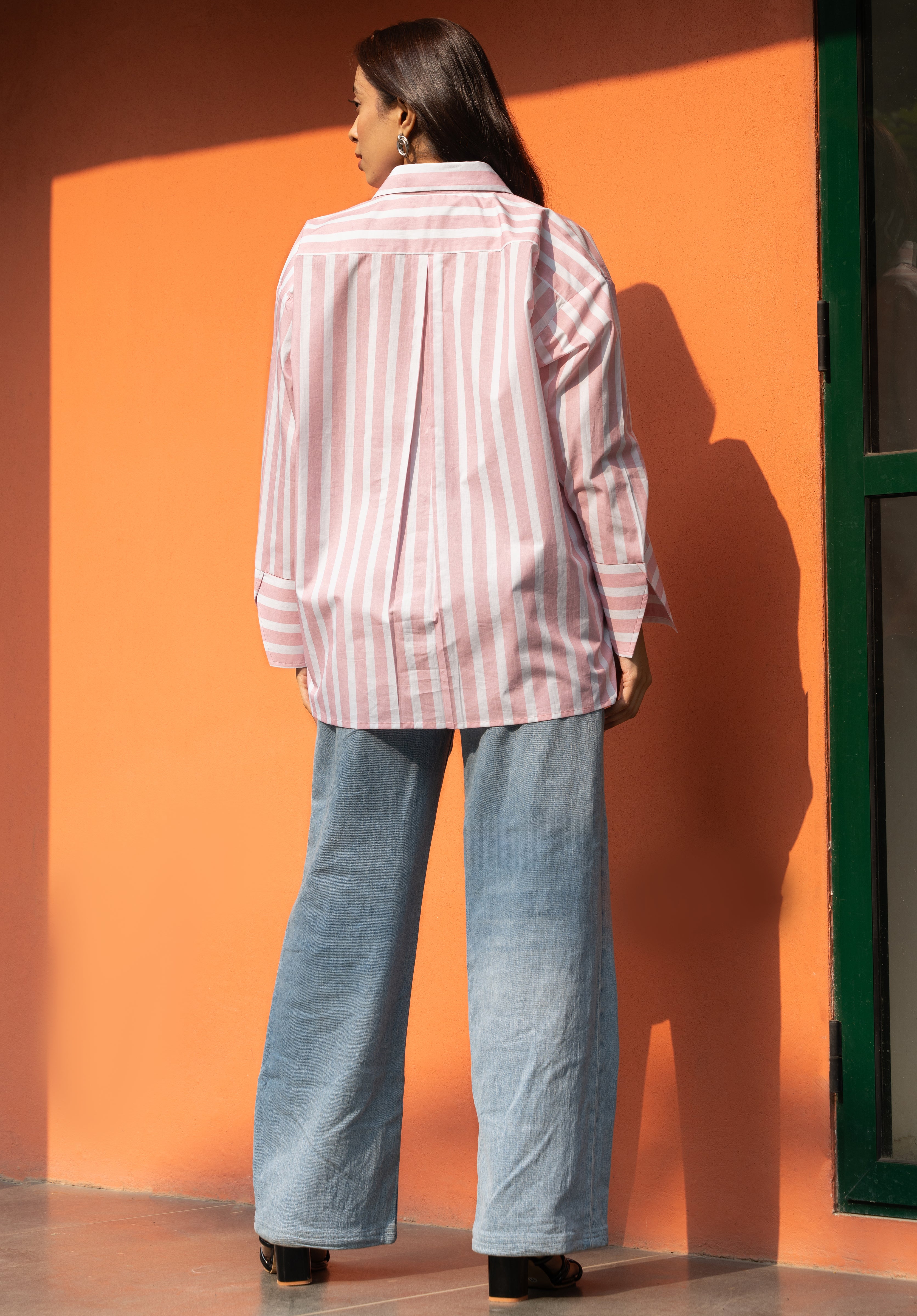 Baby Pink Broad Stripe Pure Cotton Oversized Shirt