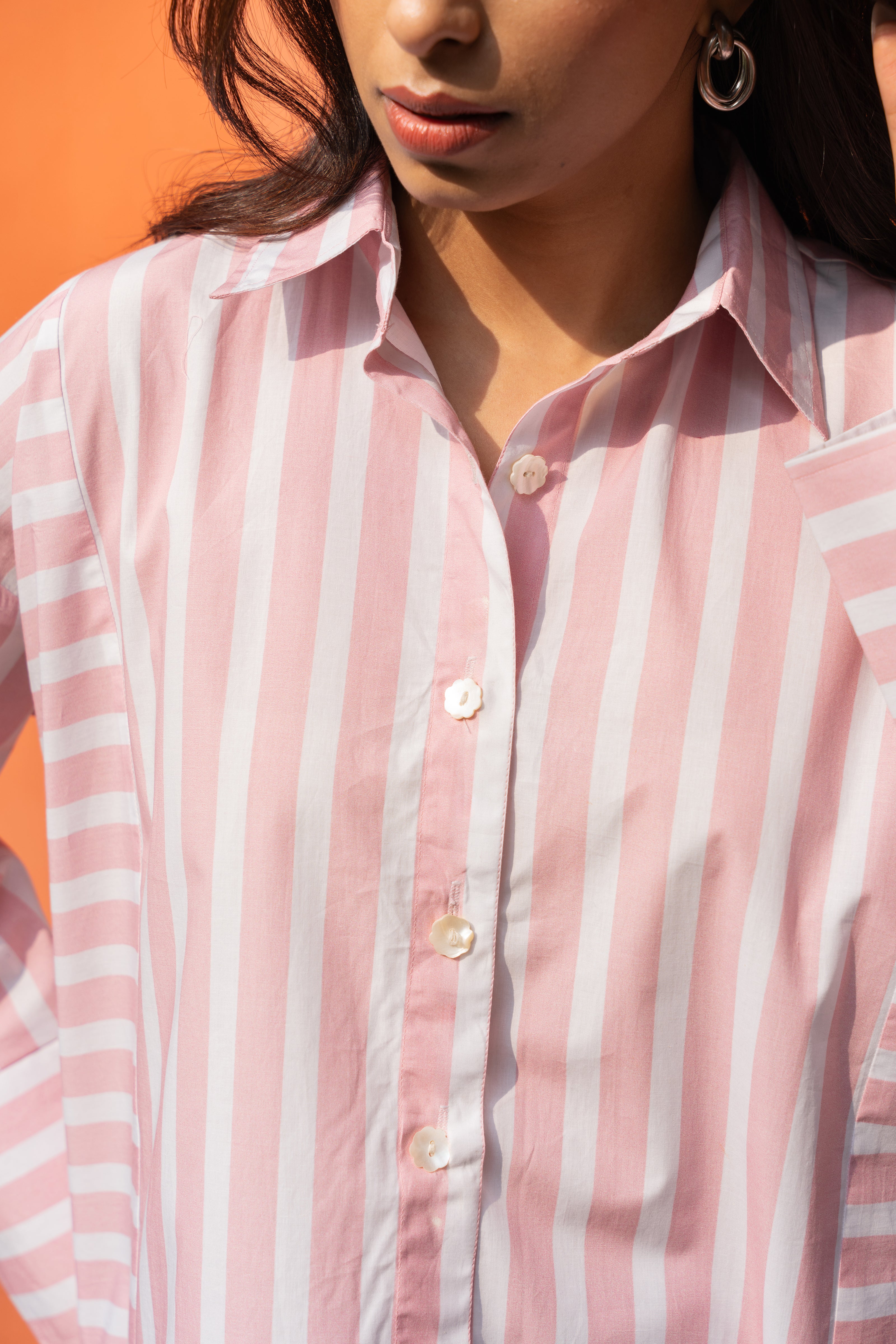 Baby Pink Broad Stripe Pure Cotton Oversized Shirt