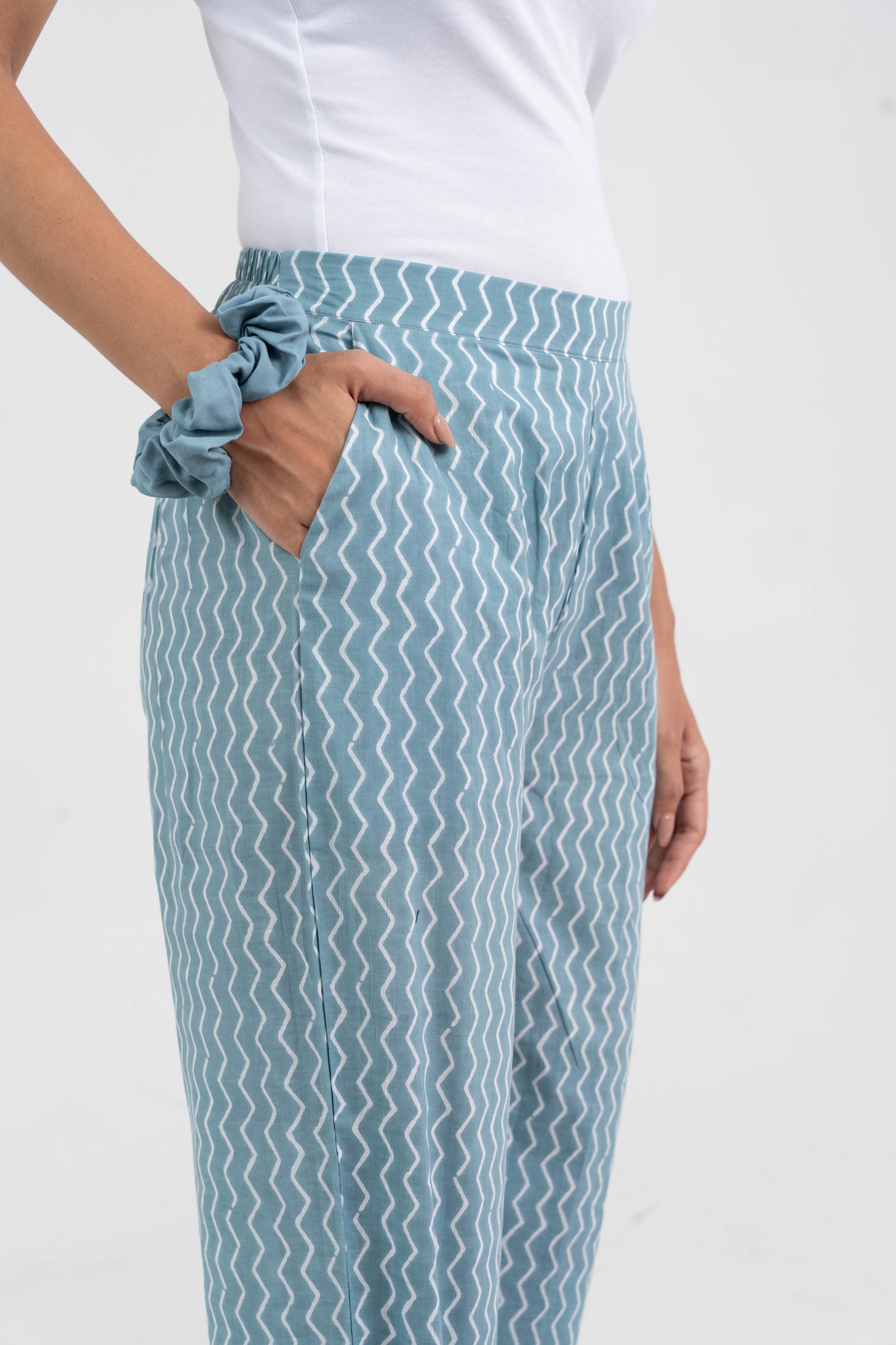 Sky Blue Block Printed Pure Cotton Pant