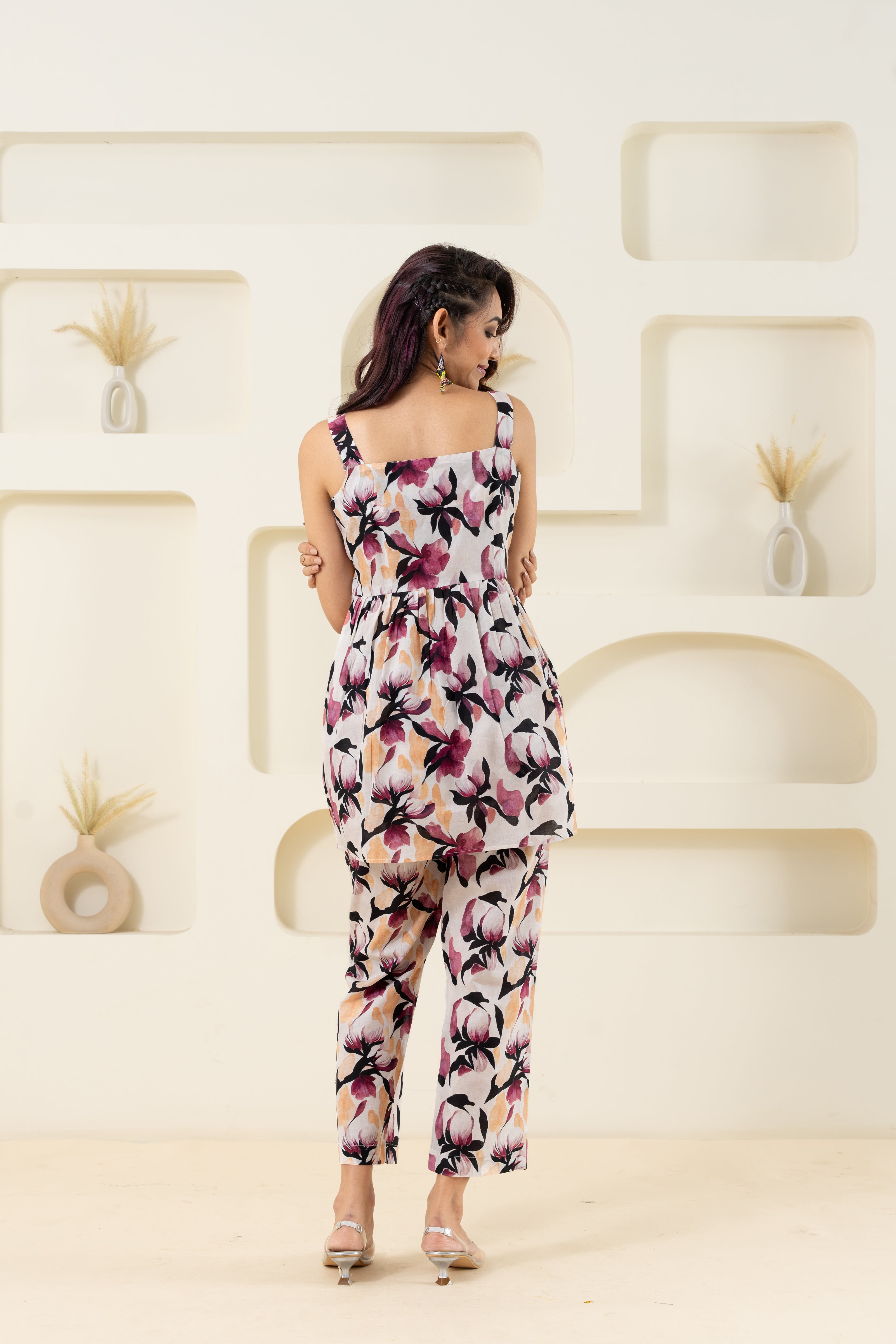 Off White Floral Printed Pure Cotton Sleeveless Co-ord Set