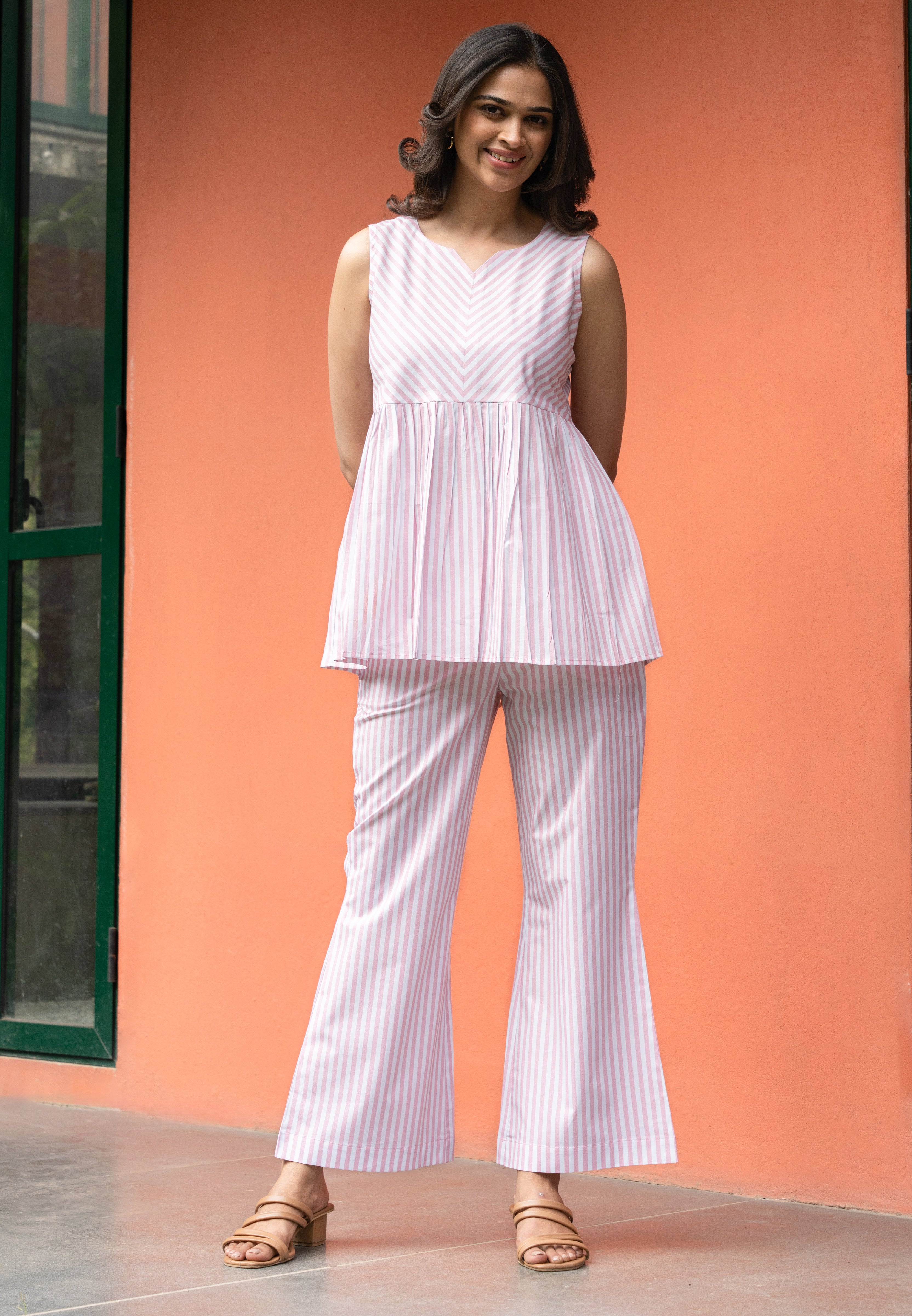 Baby Pink Stripe Pure Cotton Sleeveless Co-ordset