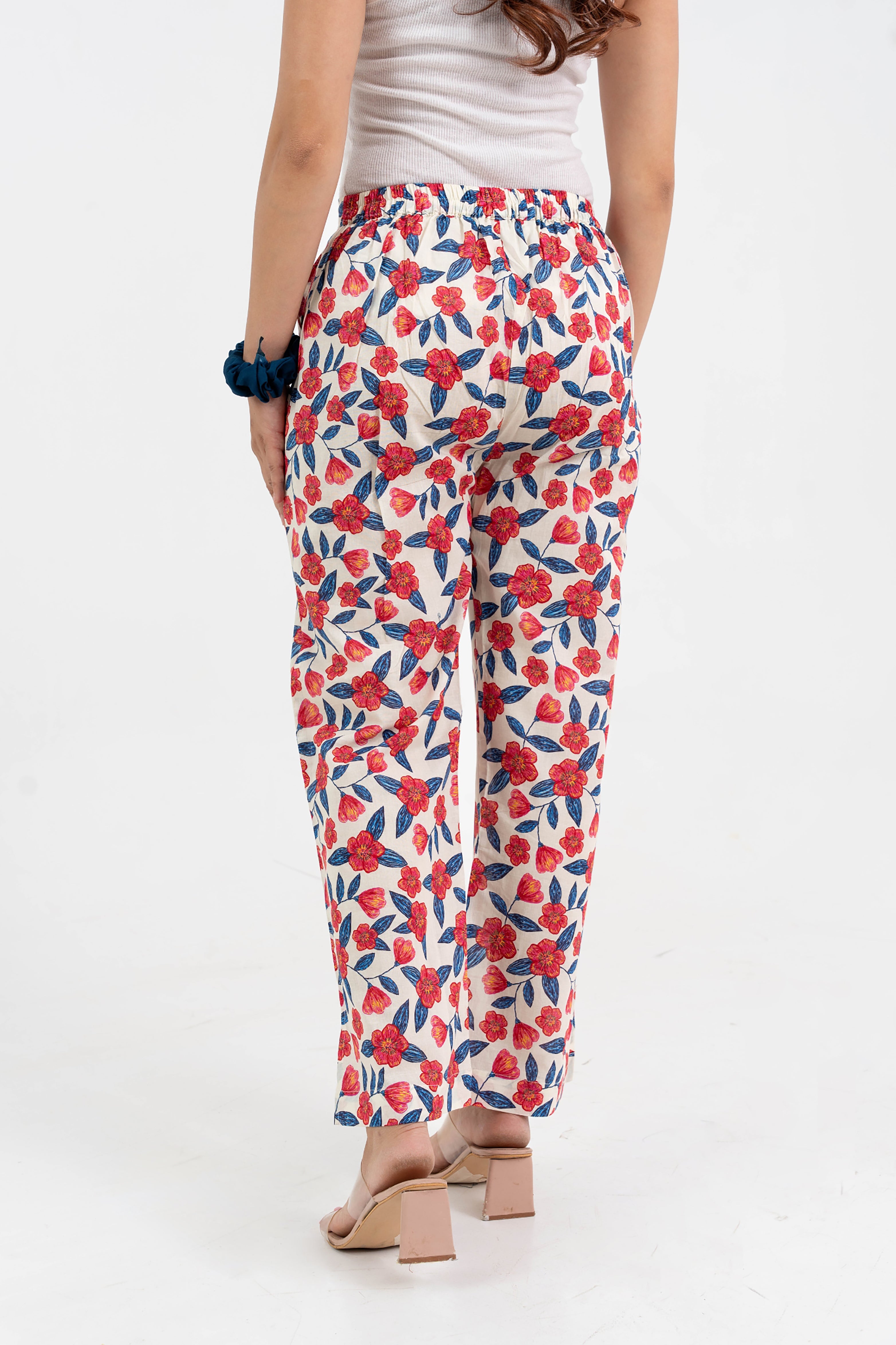 Off White Floral Printed Pure Cotton Pant