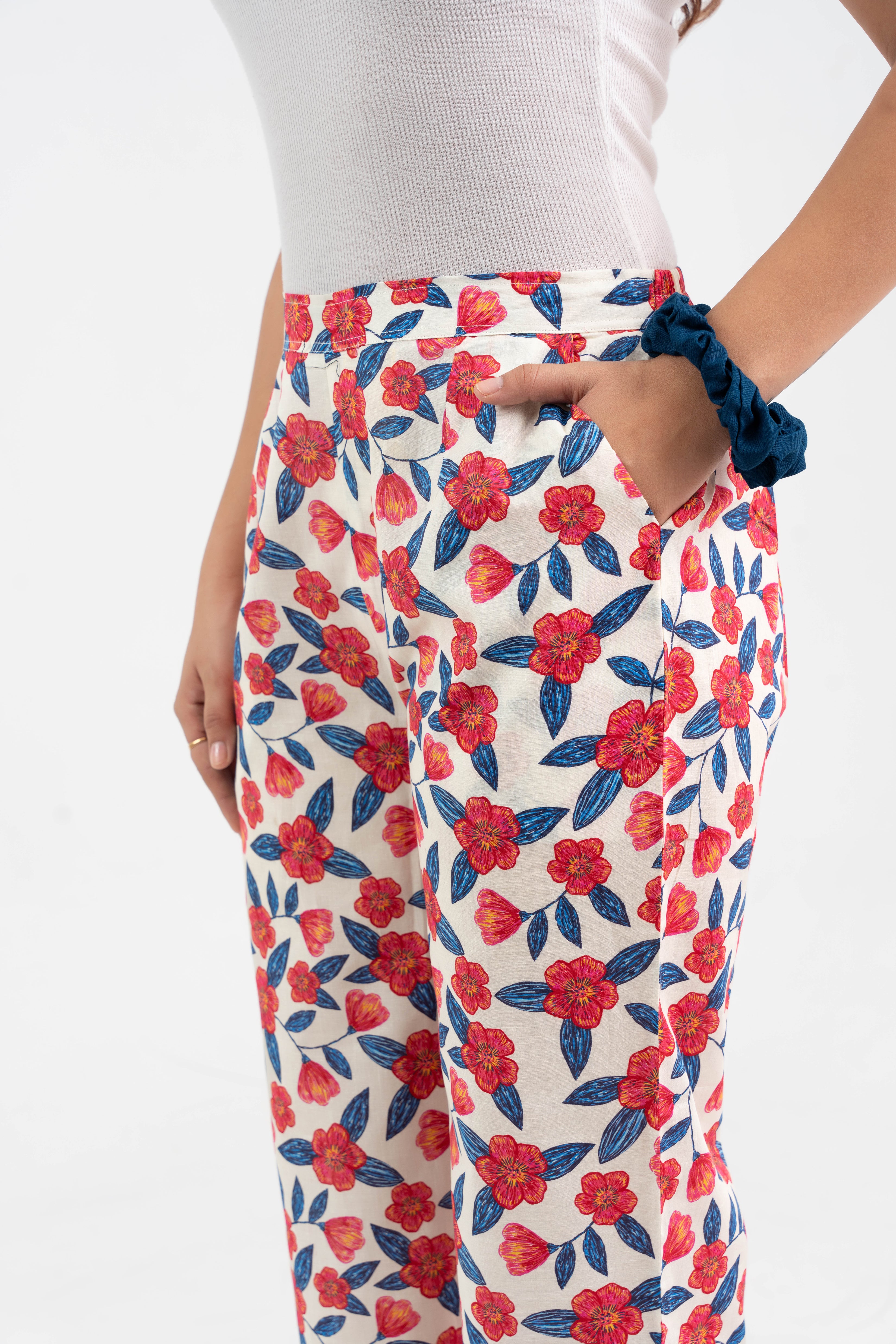 Off White Floral Printed Pure Cotton Pant