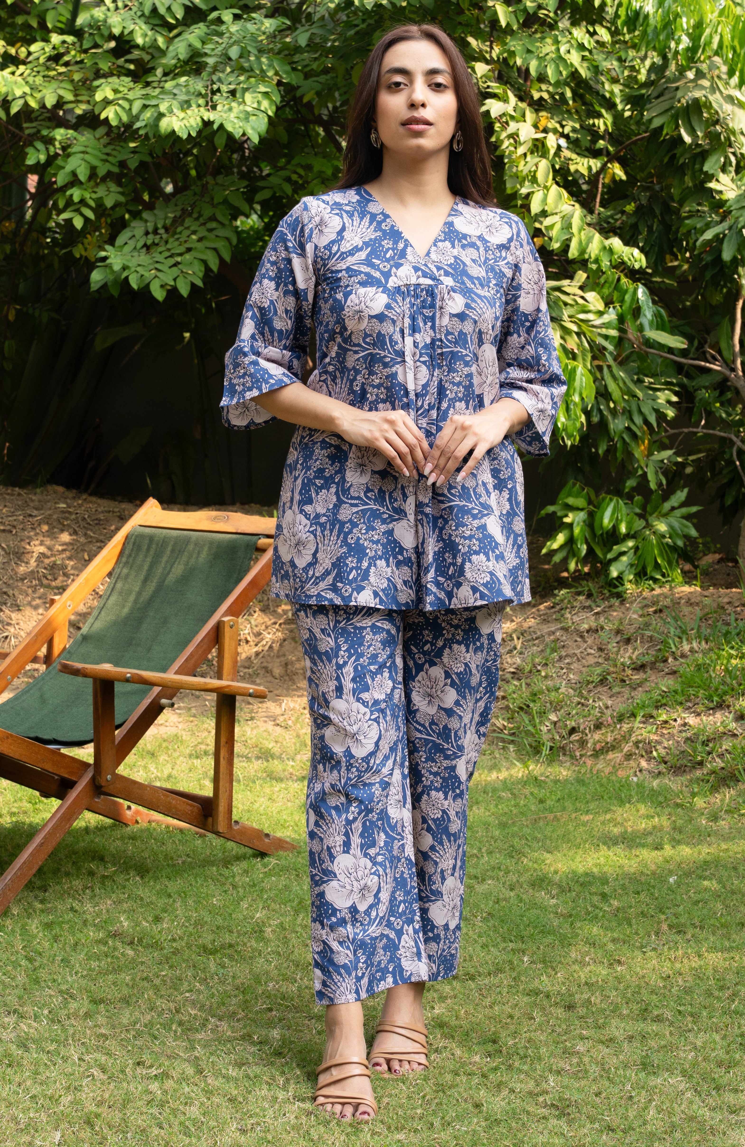 Blue Floral Printed Pure Cotton Block Printed Co-ord Set