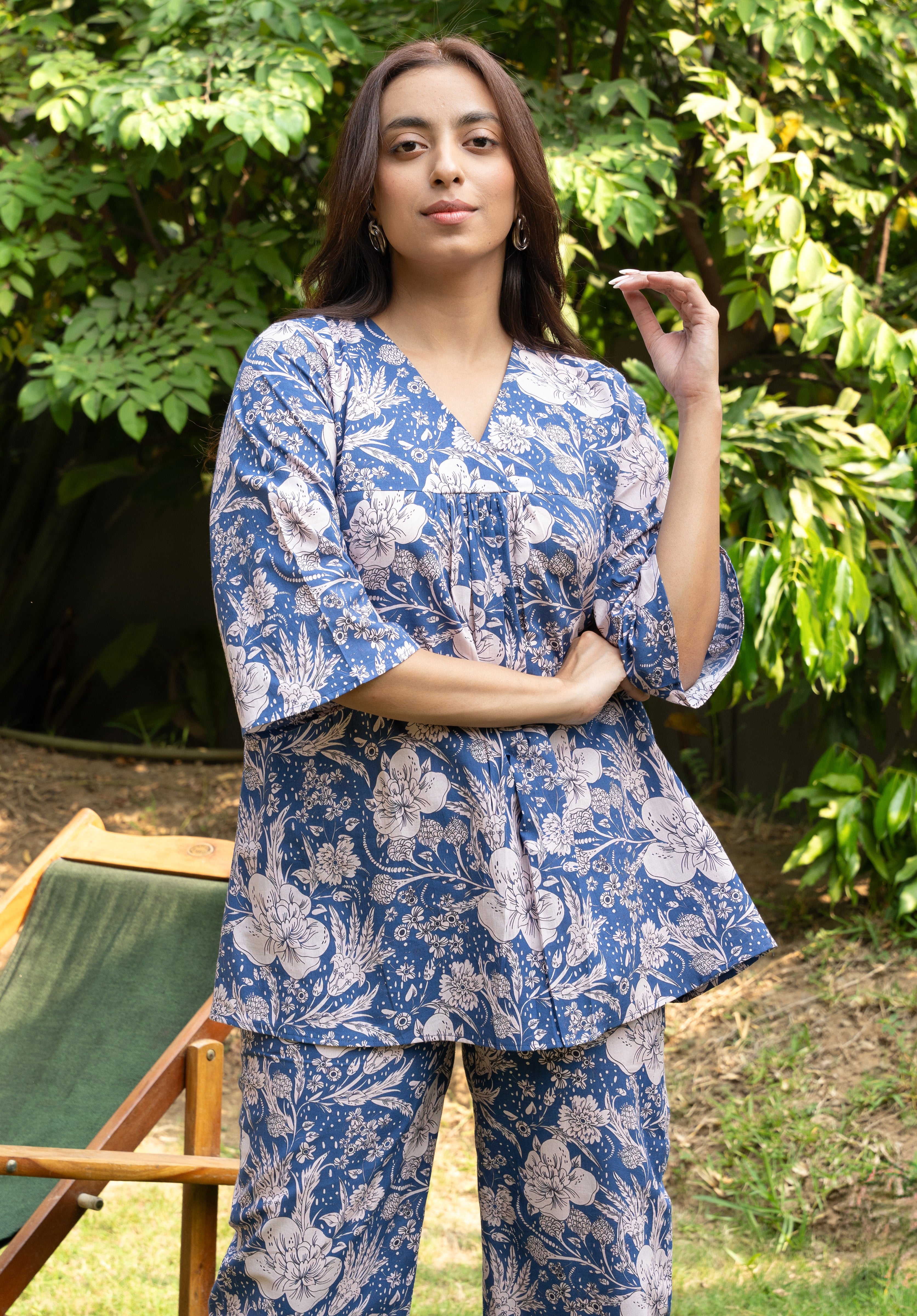 Blue Floral Printed Pure Cotton Block Printed Co-ord Set