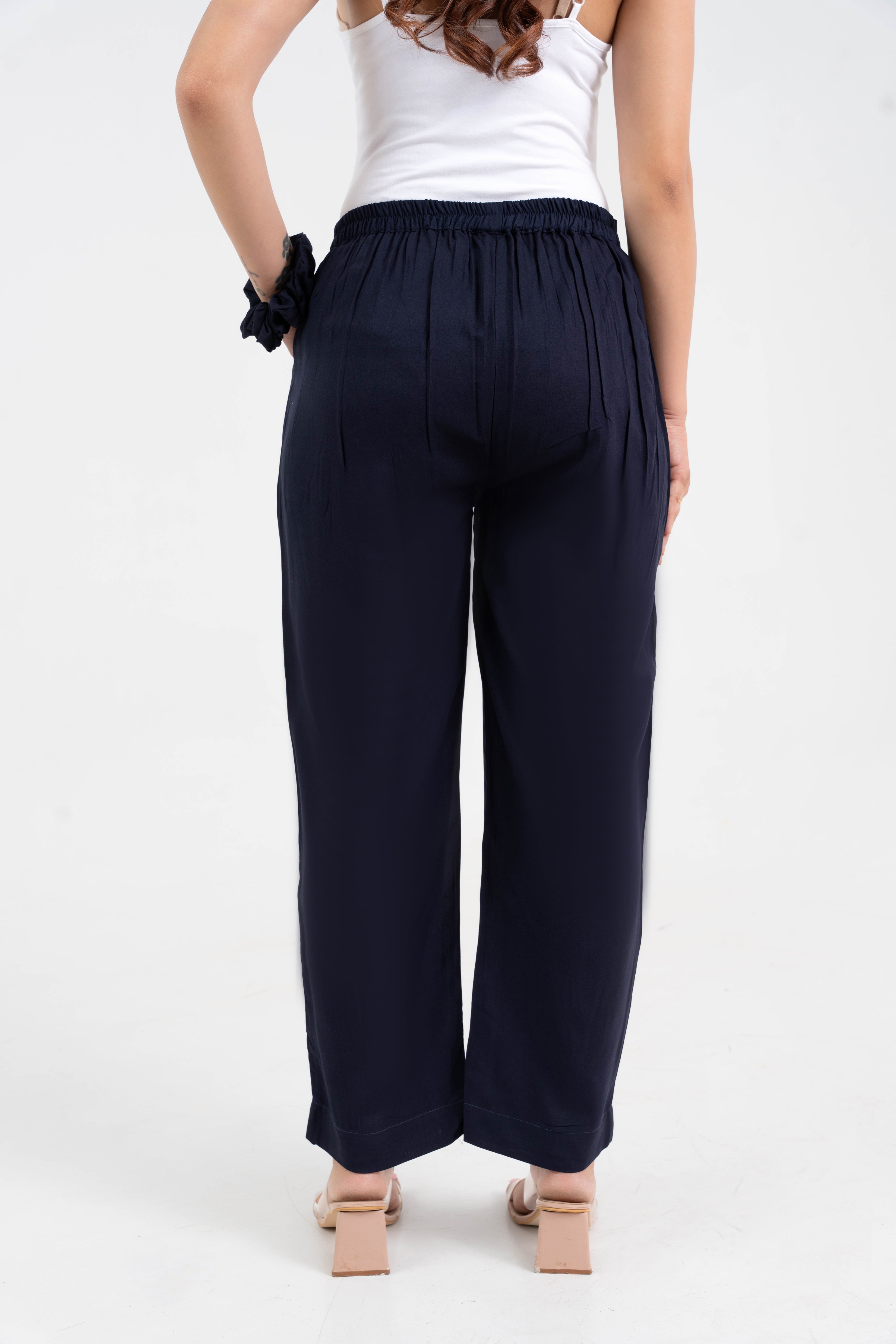 Navy Blue Solid Viscose Pant with Pleated Bottom