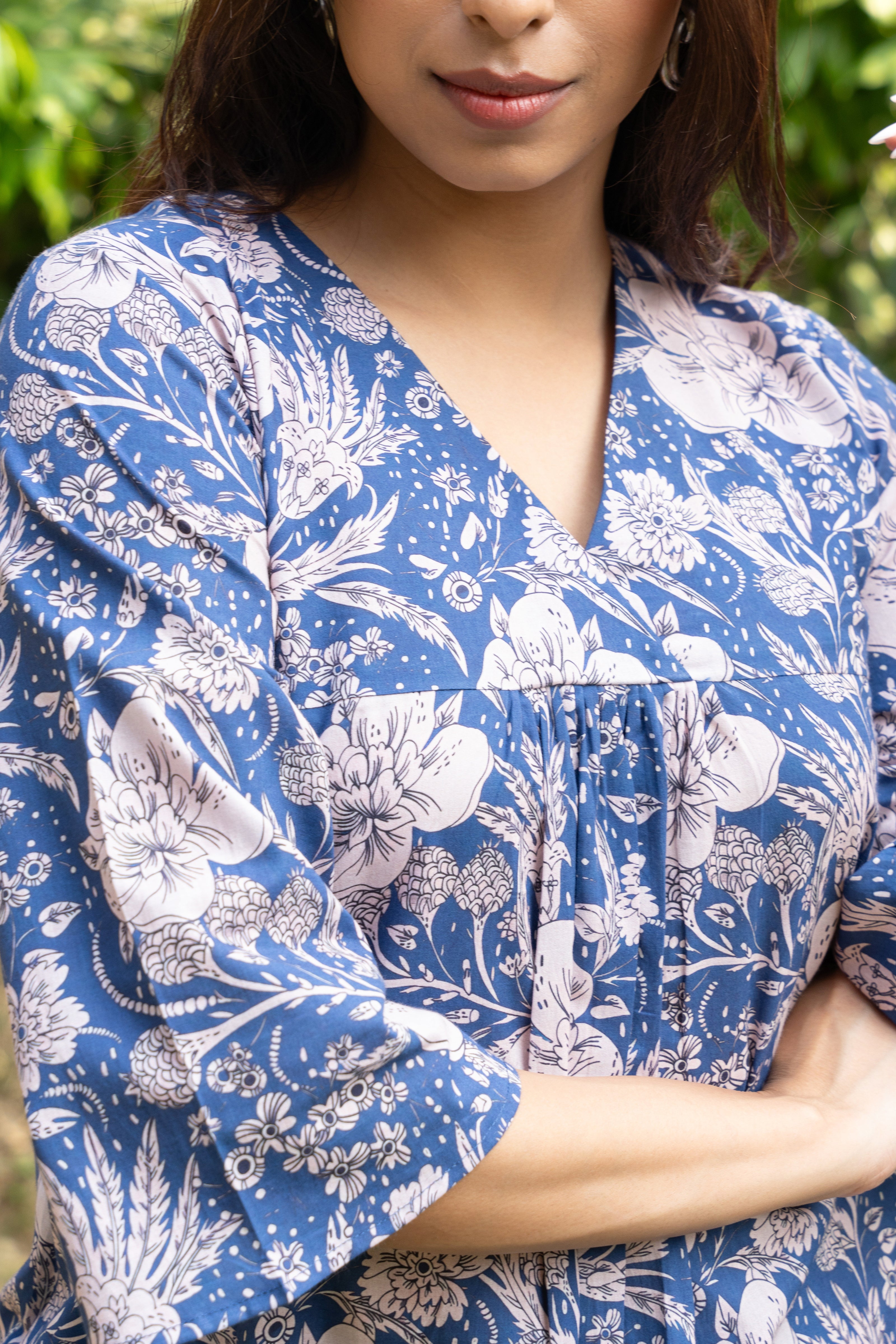 Blue Floral Printed Pure Cotton Block Printed Top