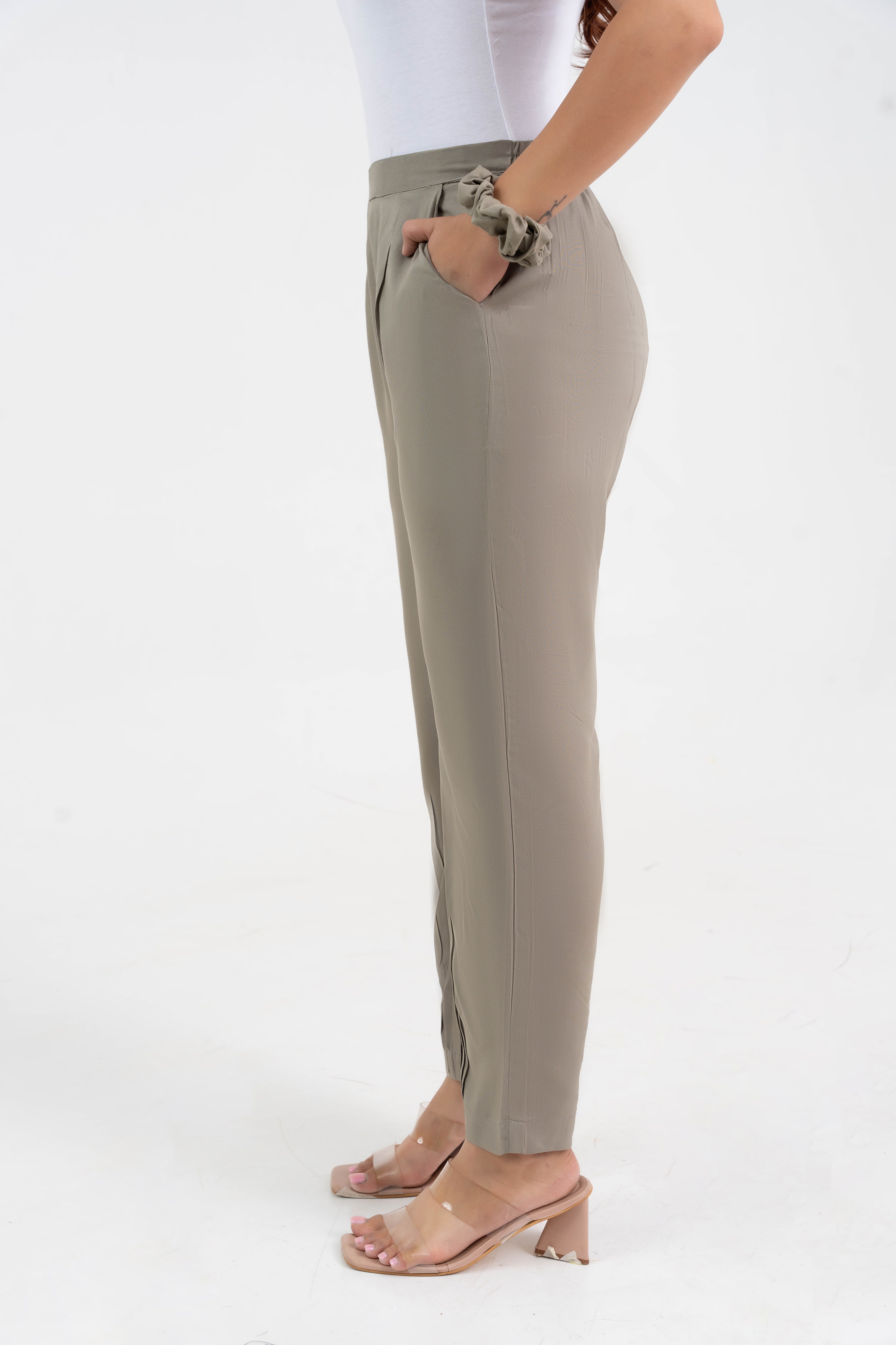 Light Brown Solid Viscose Pant with Pleated Bottom