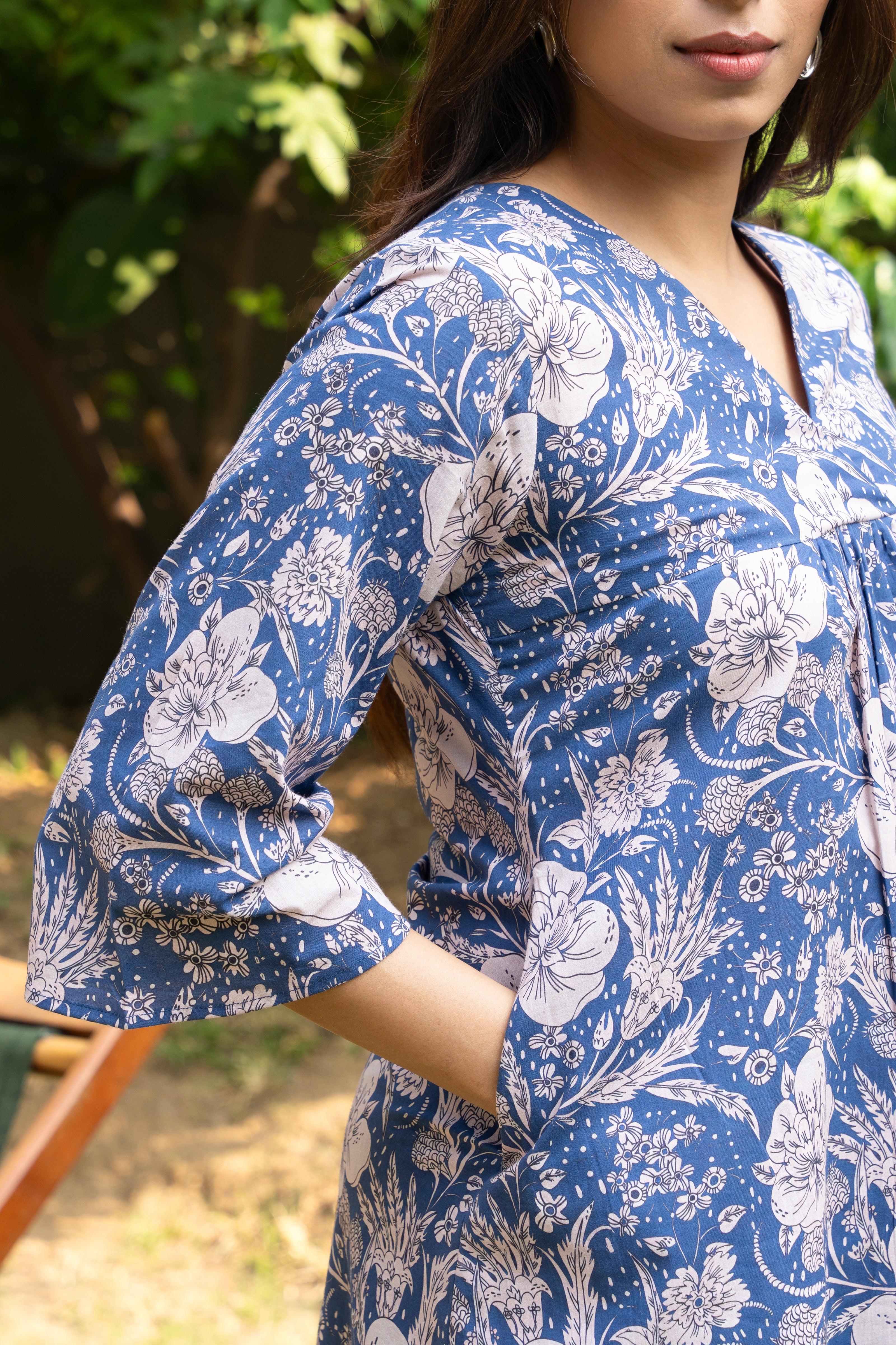 Blue Floral Printed Pure Cotton Block Printed Top