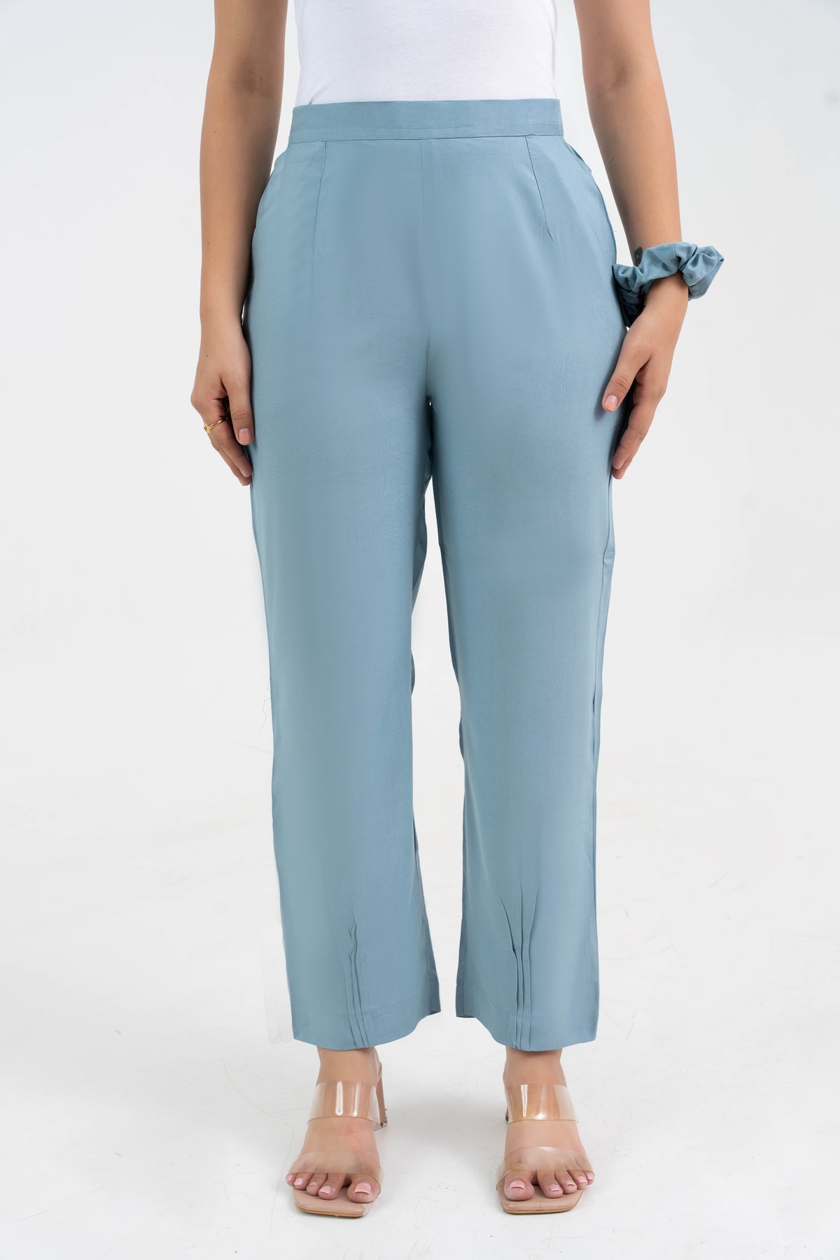 Light Blue Solid Viscose Pant with Pleated Bottom