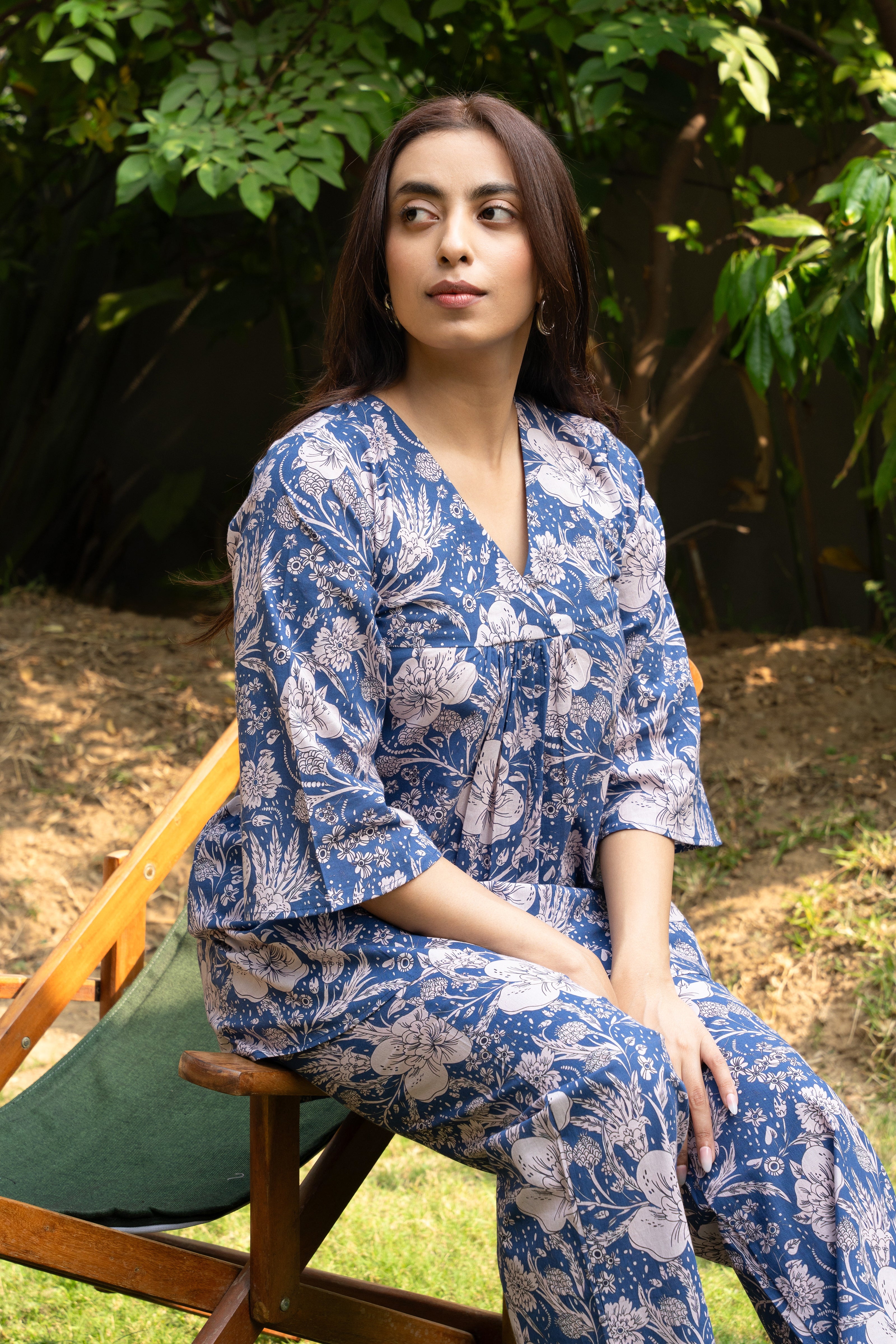 Blue Floral Printed Pure Cotton Block Printed Top