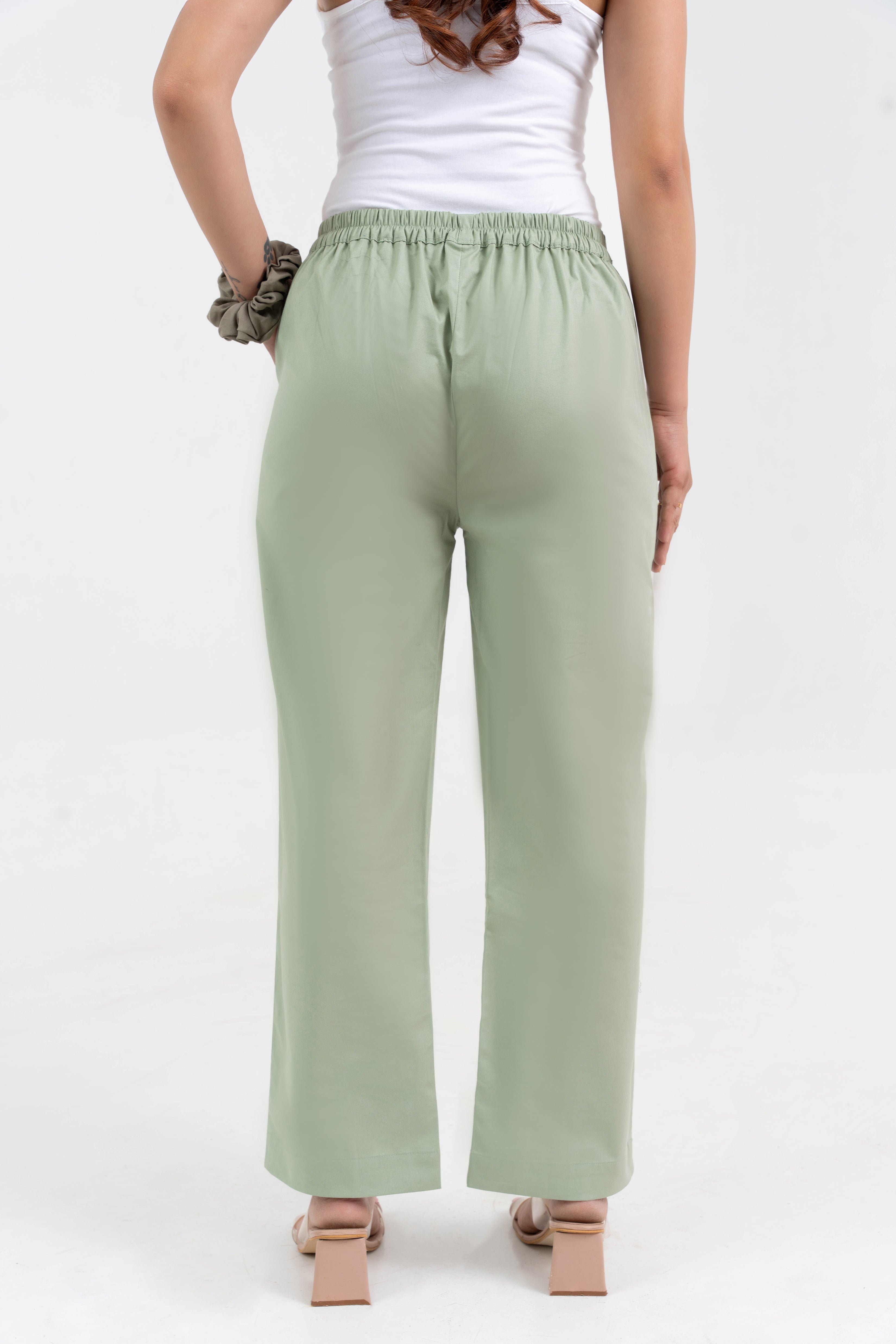 Pista Green Pure Cotton Solid Pant With Leaf Bottom