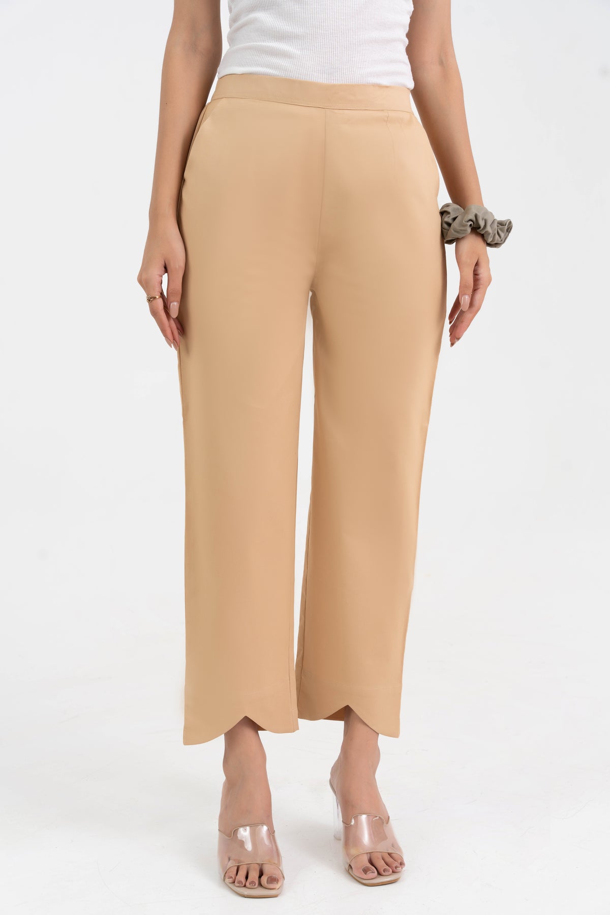 Beige Pure Cotton Solid Pant With Leaf Bottom