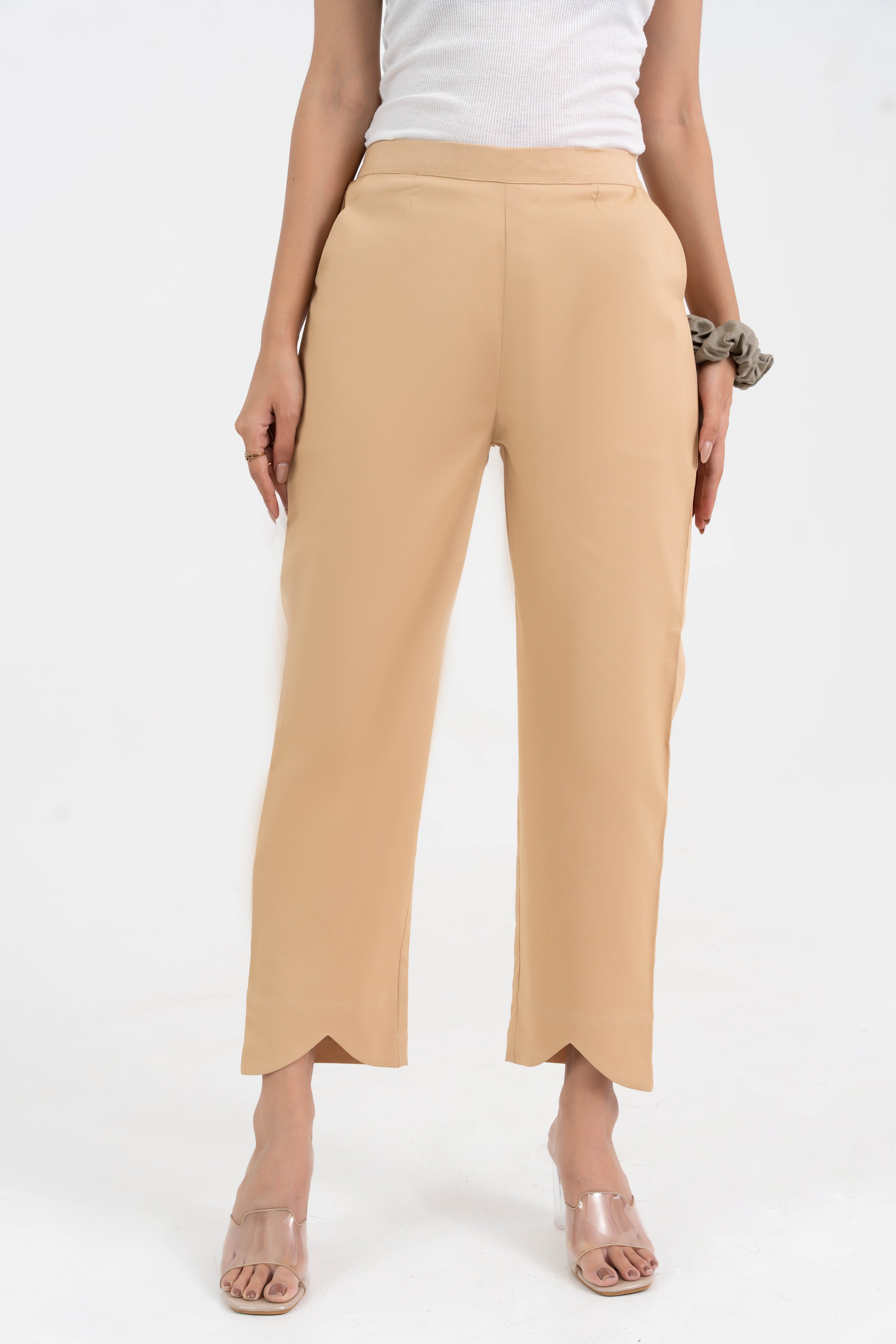 Beige Pure Cotton Solid Pant With Leaf Bottom