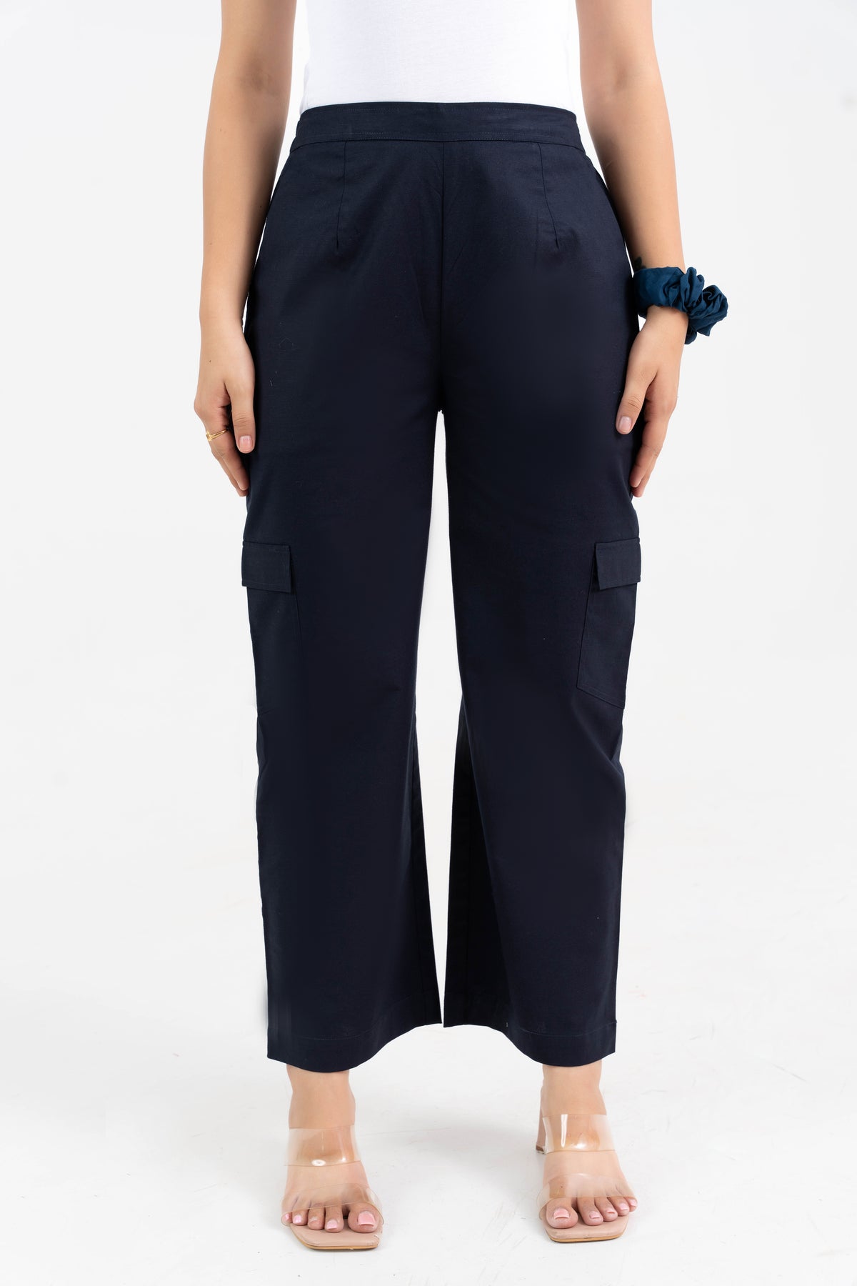 Navy Blue Pure Cotton Solid Cargo Pant