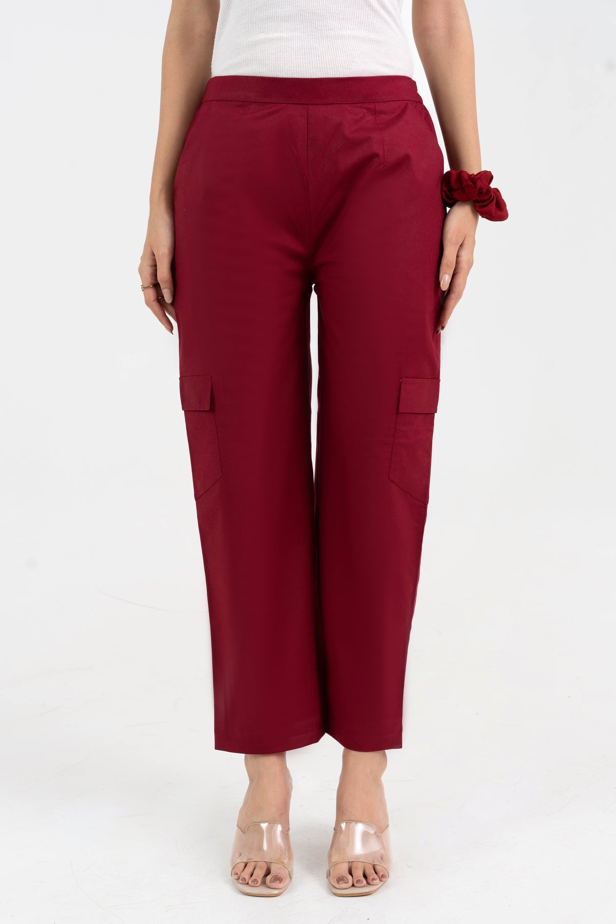 Maroon Pure Cotton Solid Cargo Pant