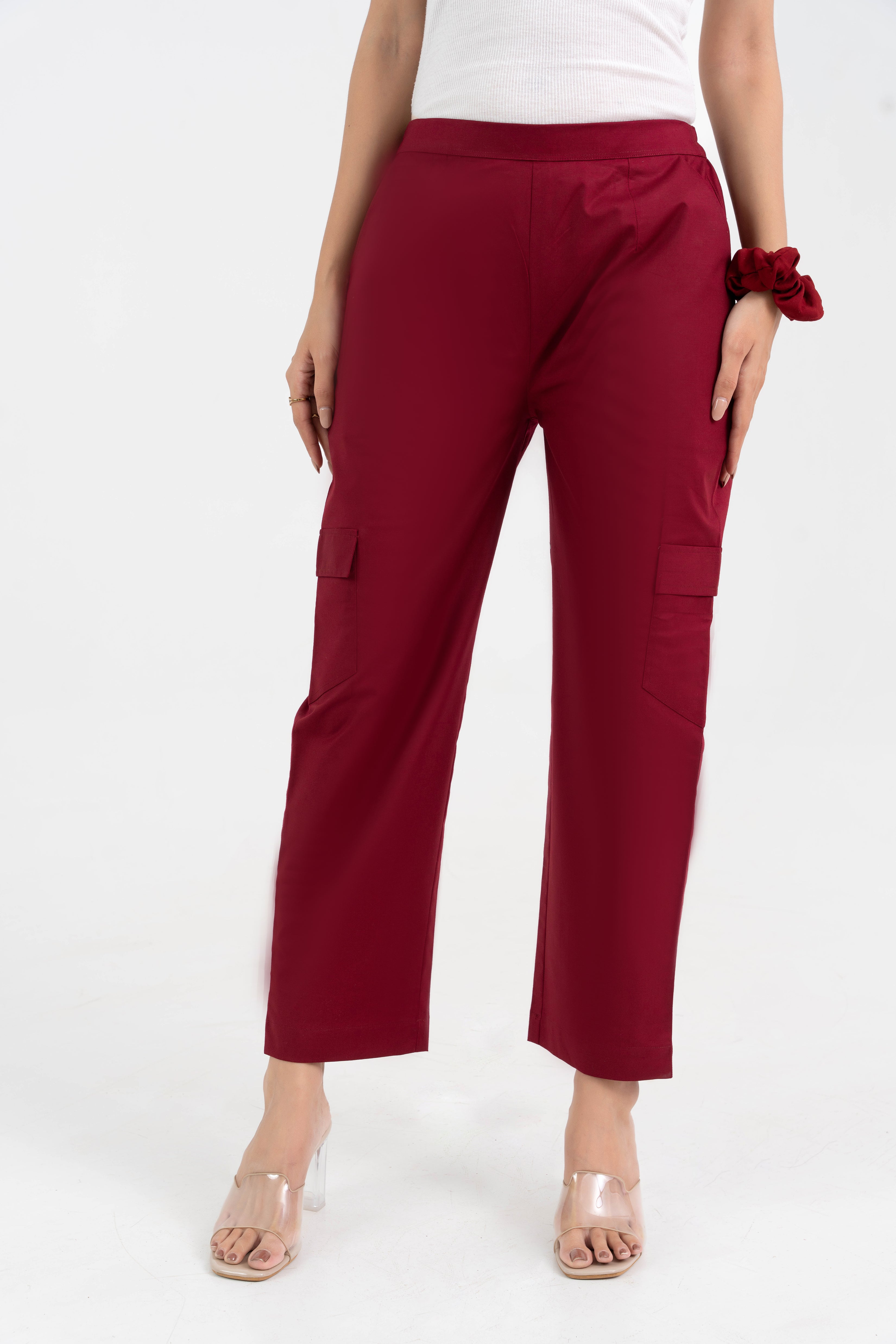 Maroon Pure Cotton Solid Cargo Pant