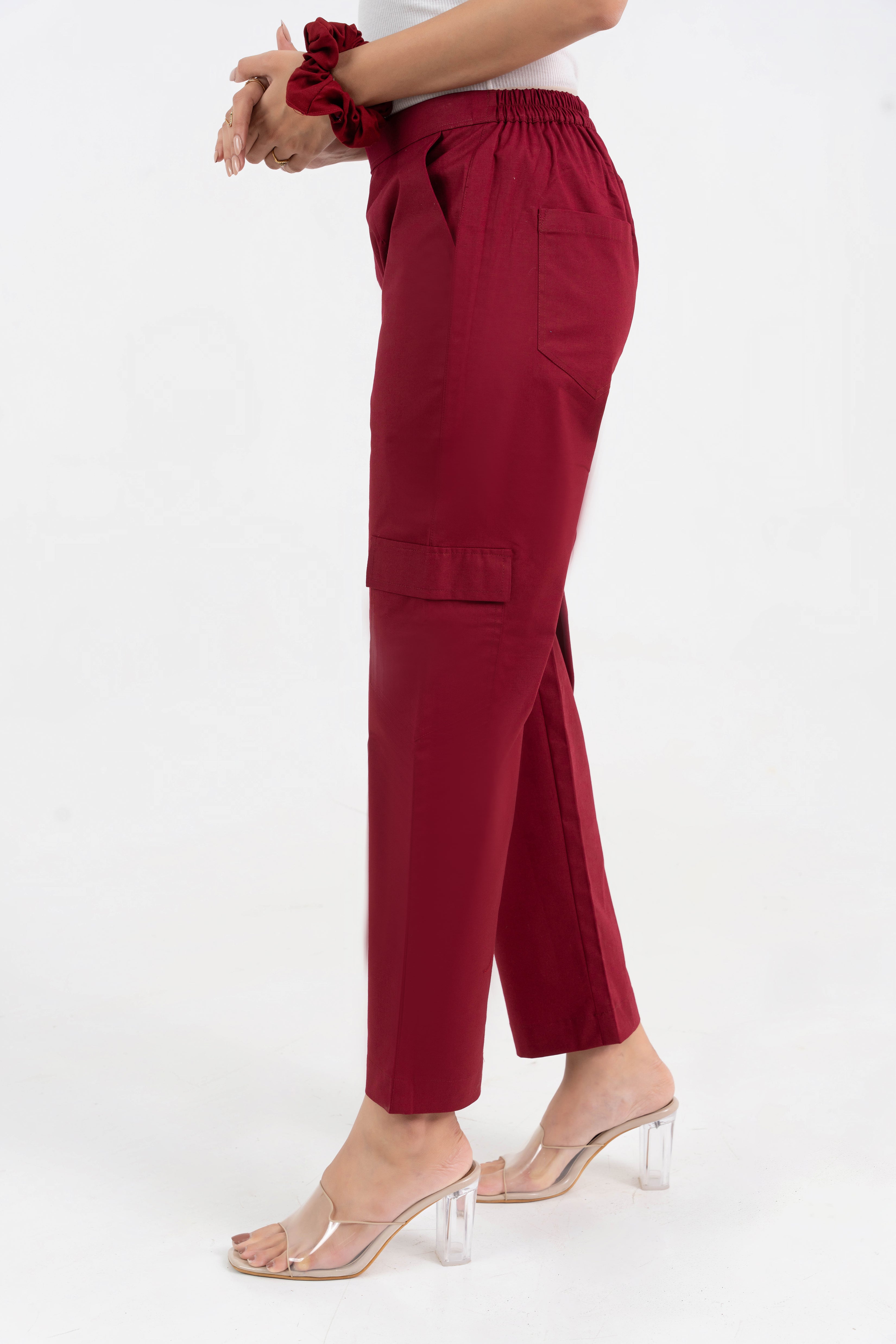 Maroon Pure Cotton Solid Cargo Pant