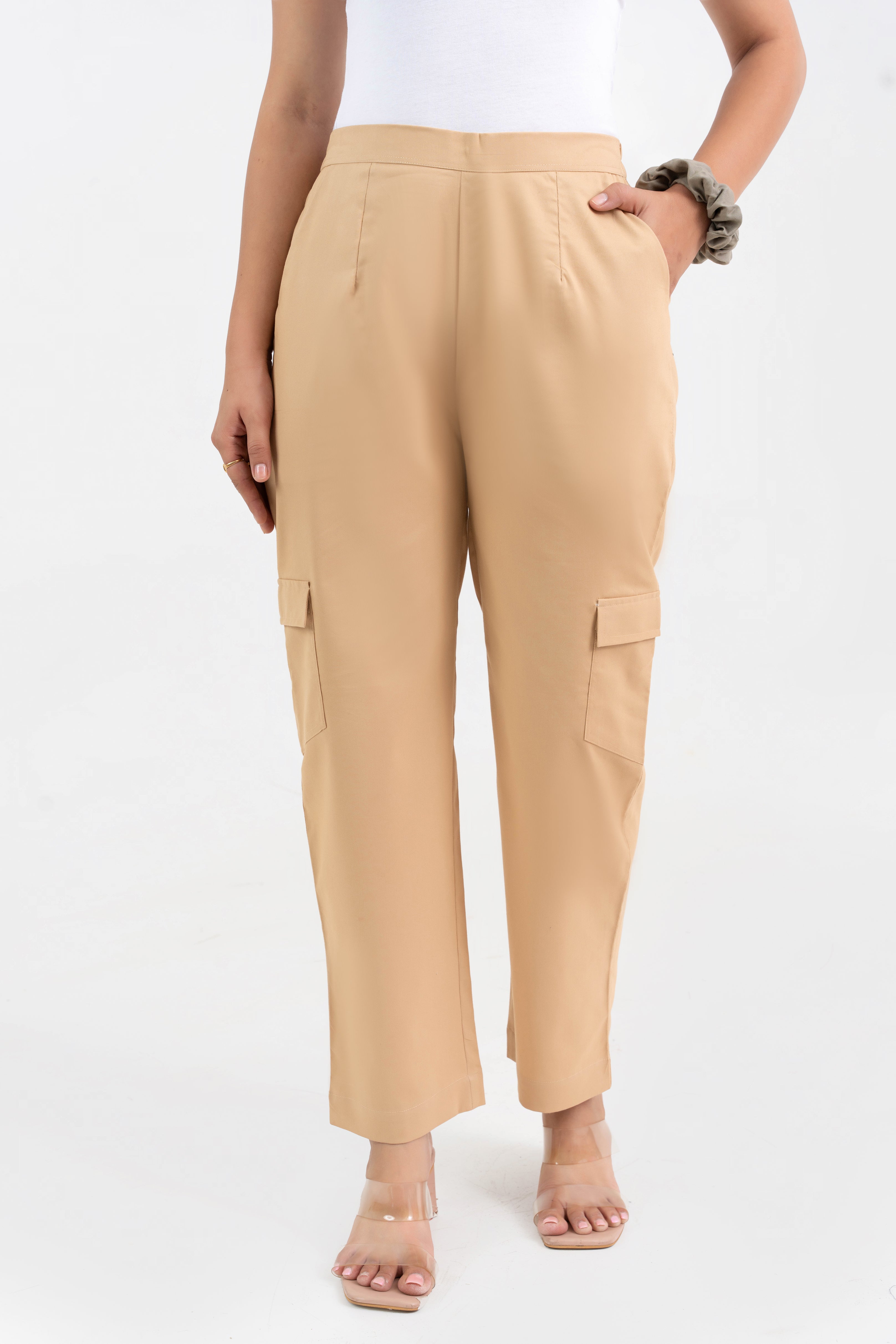 Beige Pure Cotton Solid Cargo Pant