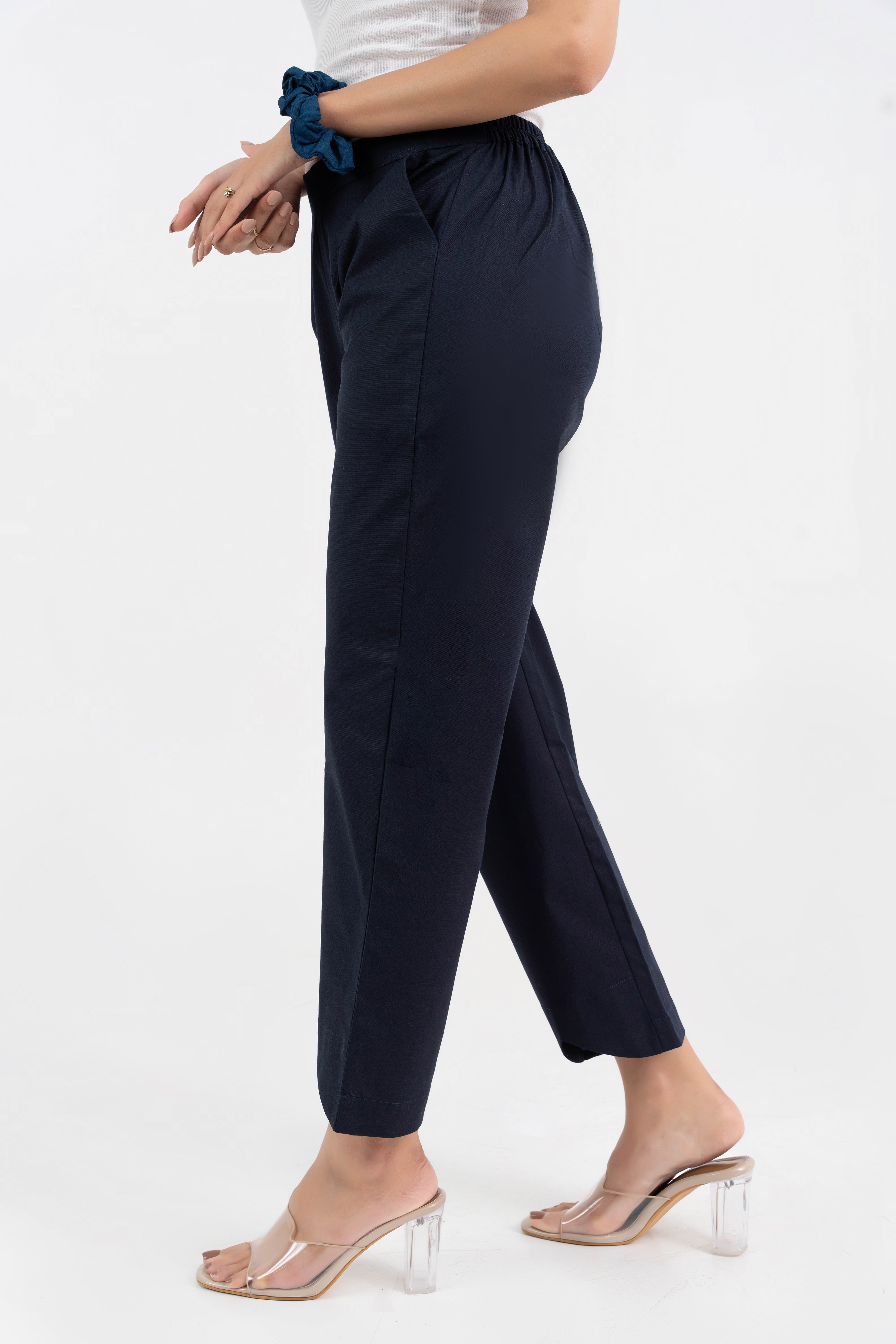 Navy Blue Pure Cotton Solid Pant With Leaf Bottom