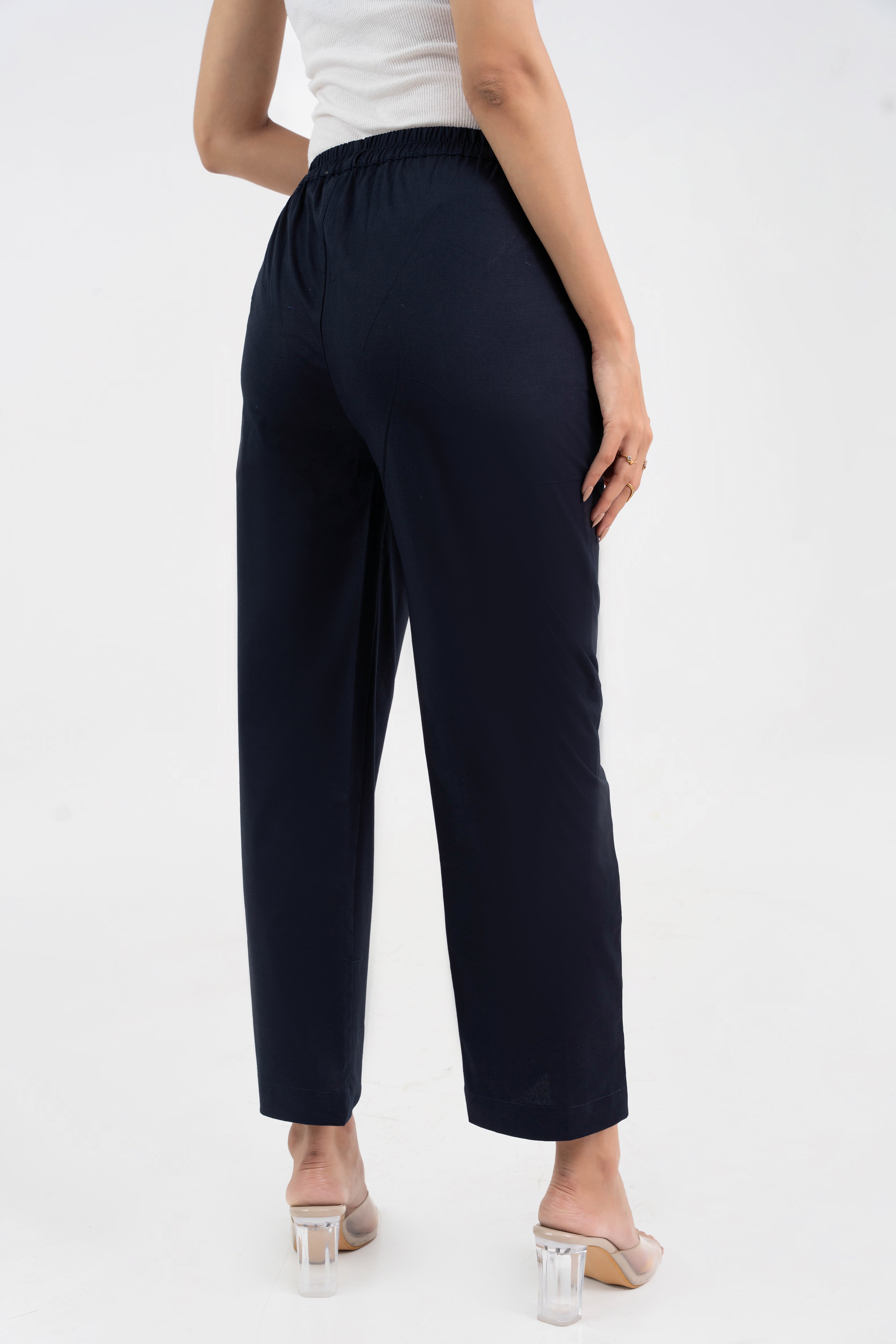 Navy Blue Pure Cotton Solid Pant With Leaf Bottom