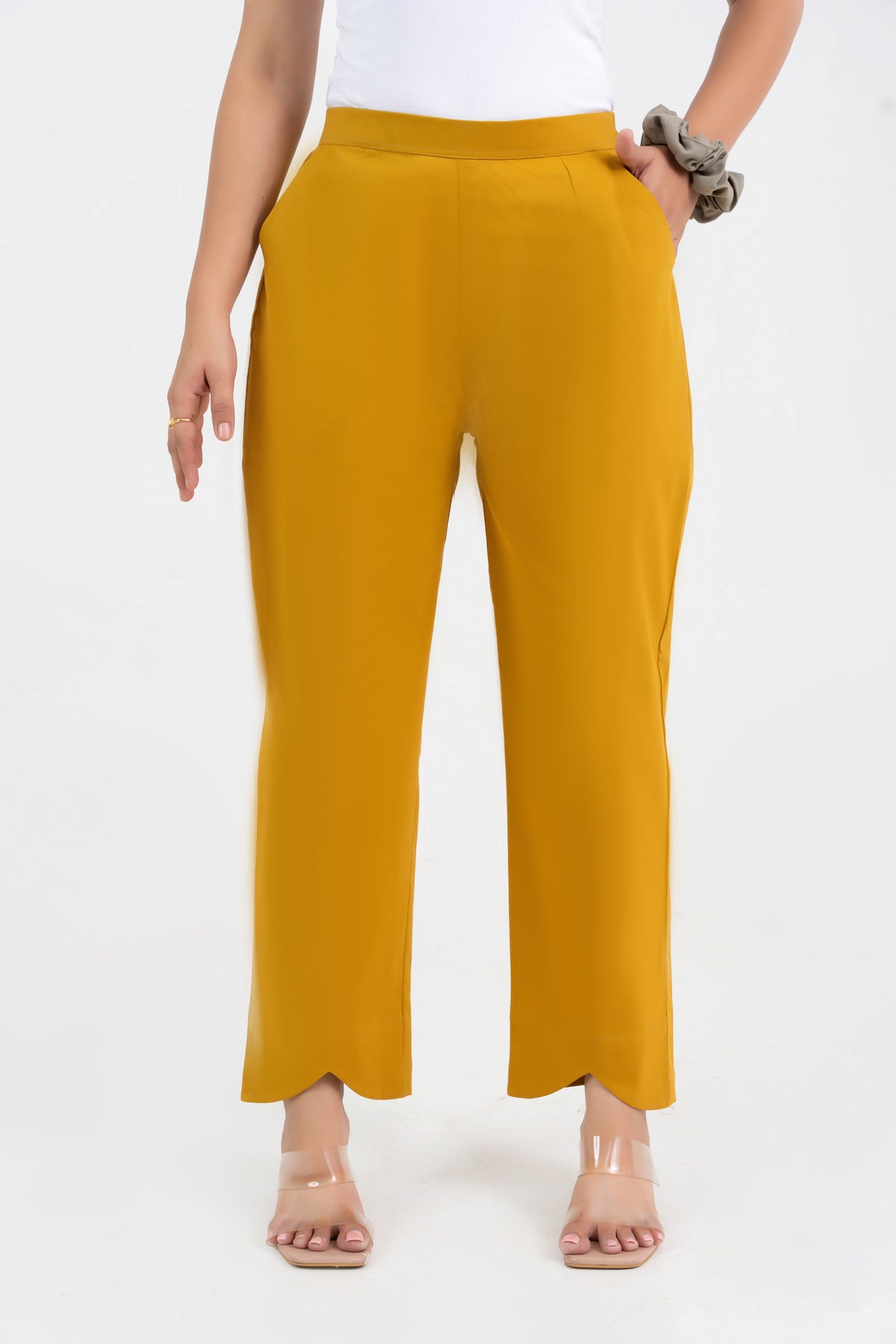 Mustard Pure Cotton Solid Pant With Leaf Bottom