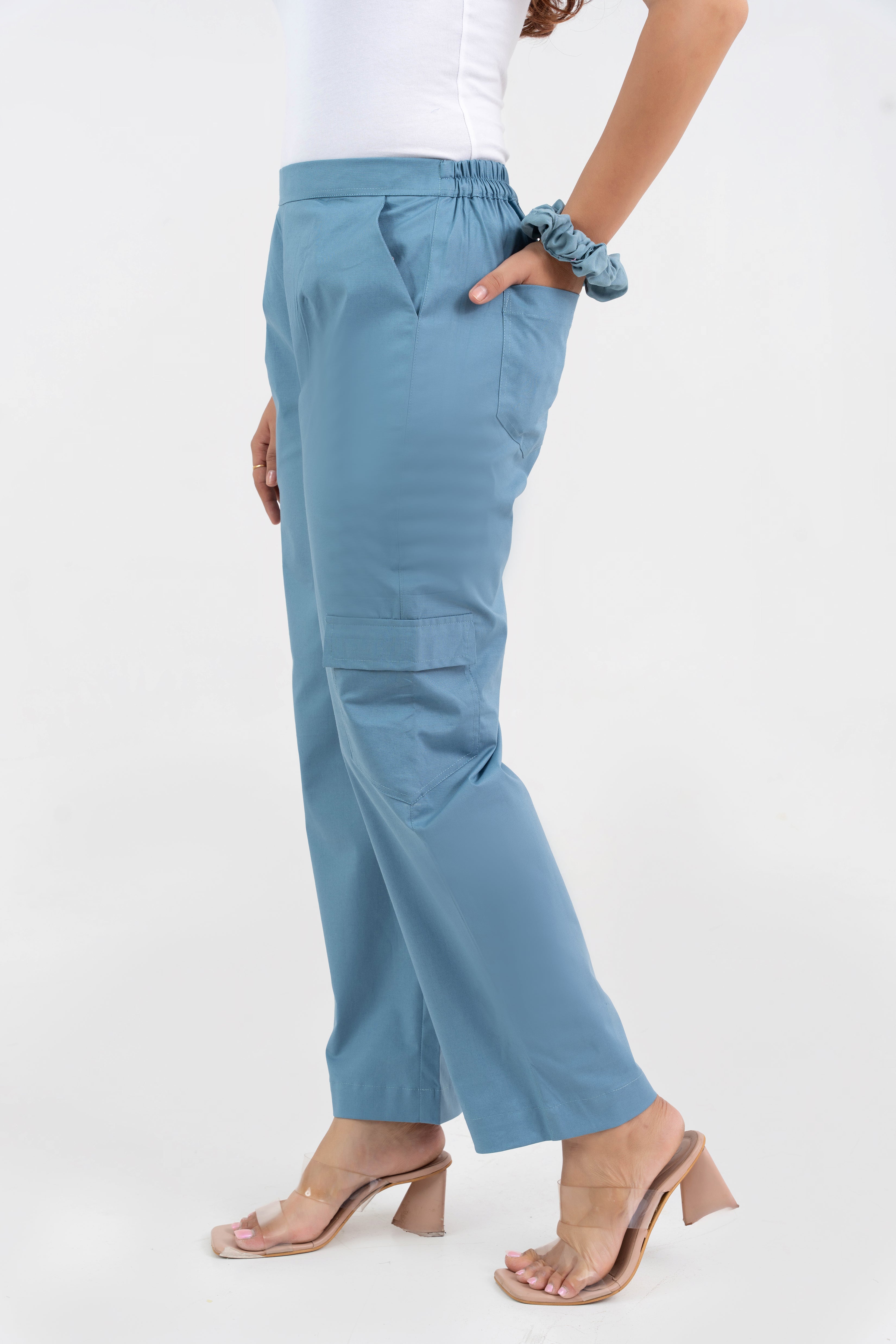 Light Blue Pure Cotton Solid Cargo Pant