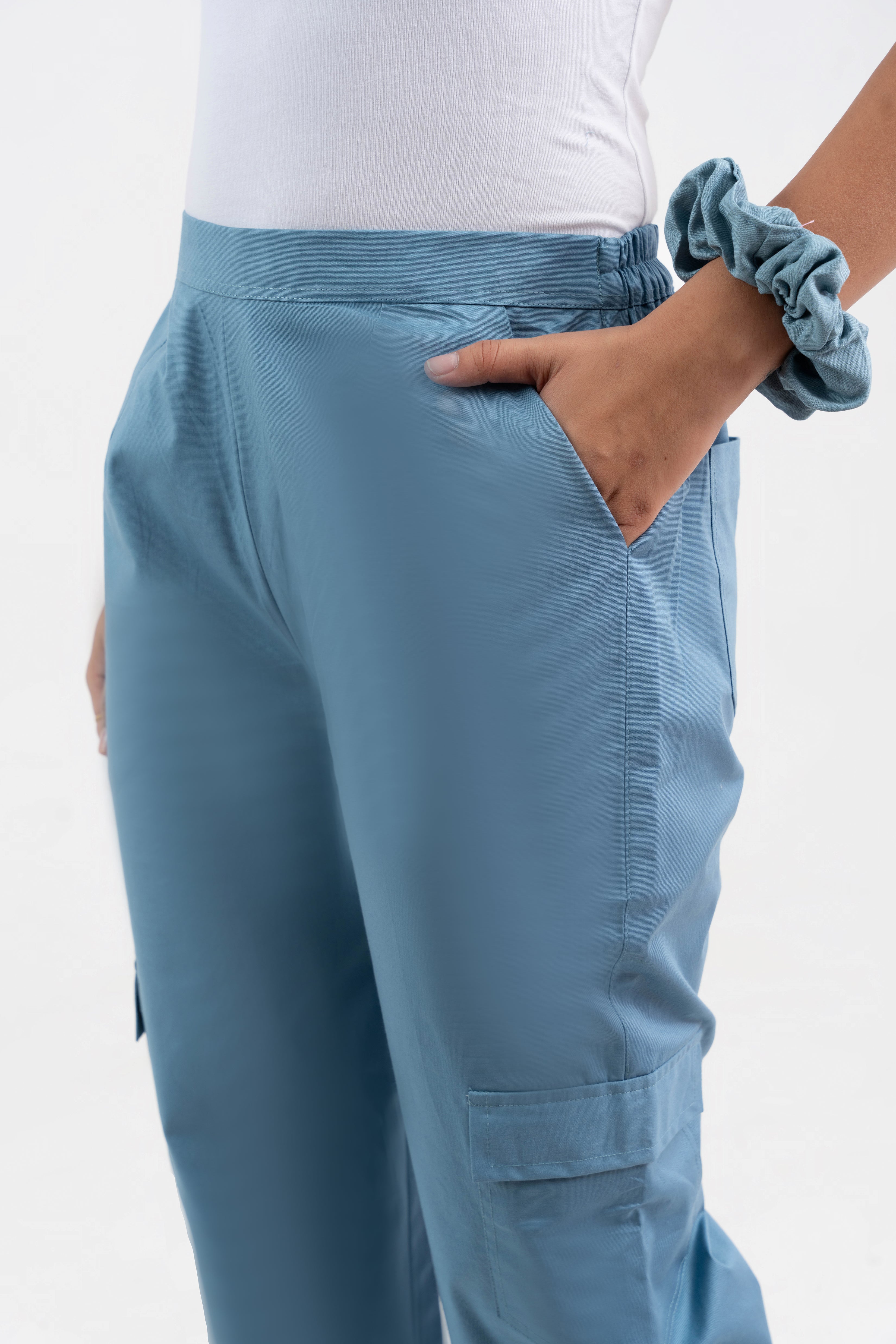 Light Blue Pure Cotton Solid Cargo Pant