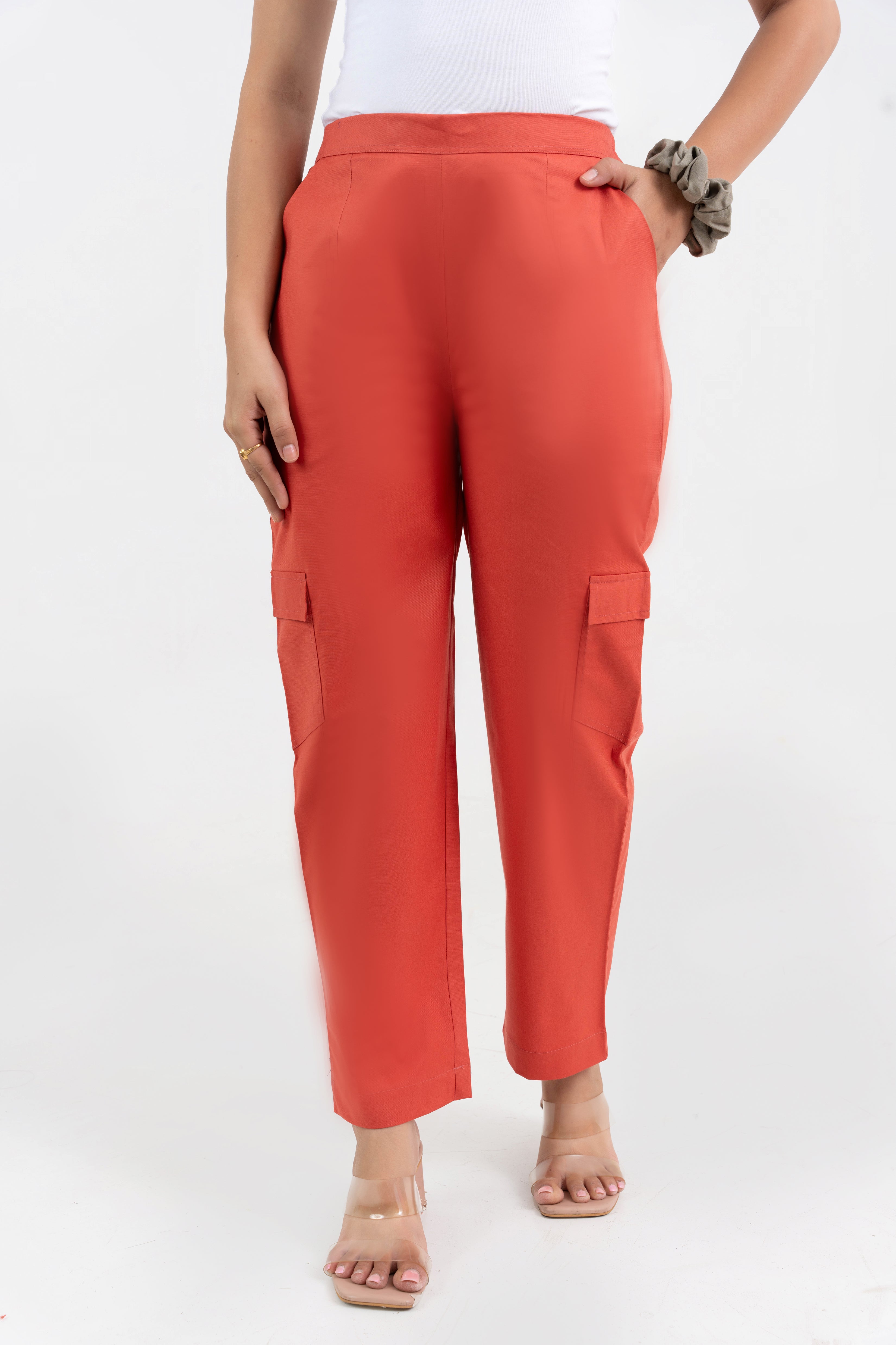 Peach Pure Cotton Solid Cargo Pant