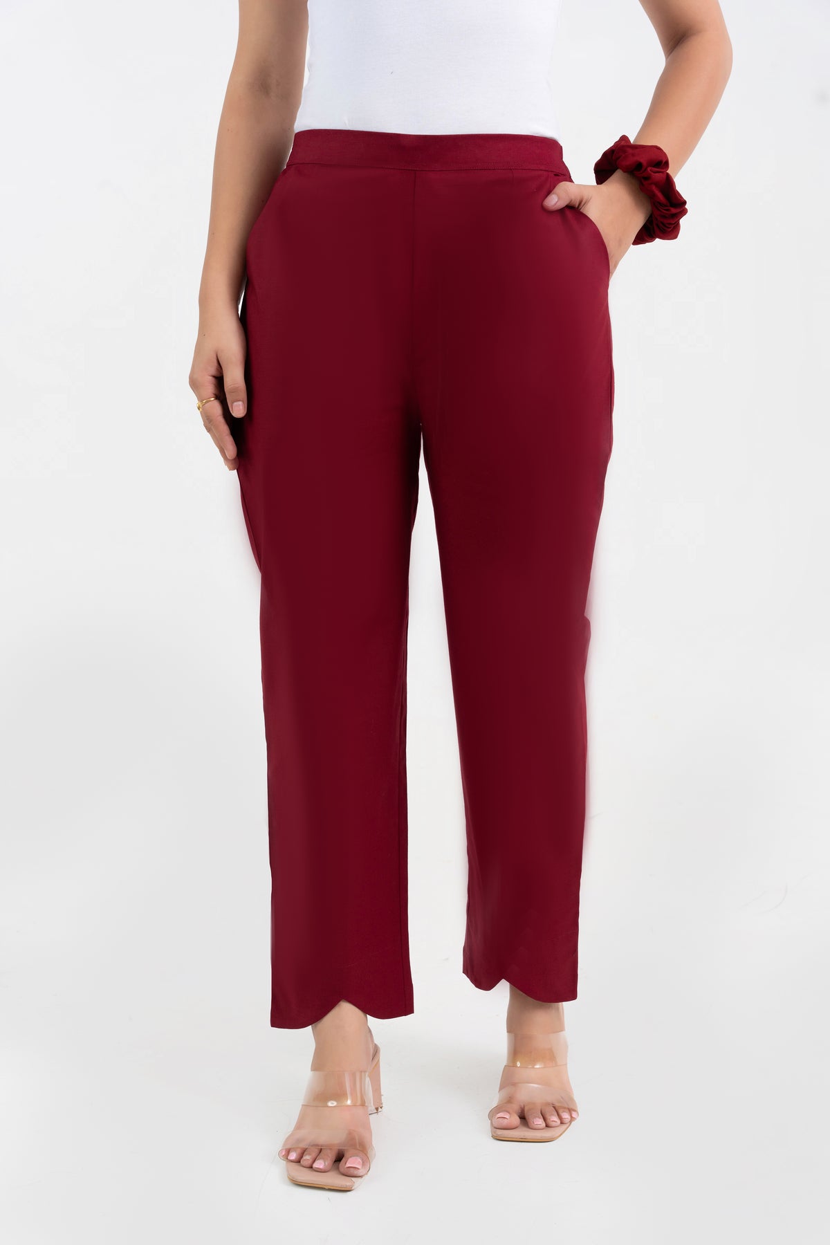 Maroon Pure Cotton Solid Pant With Leaf Bottom