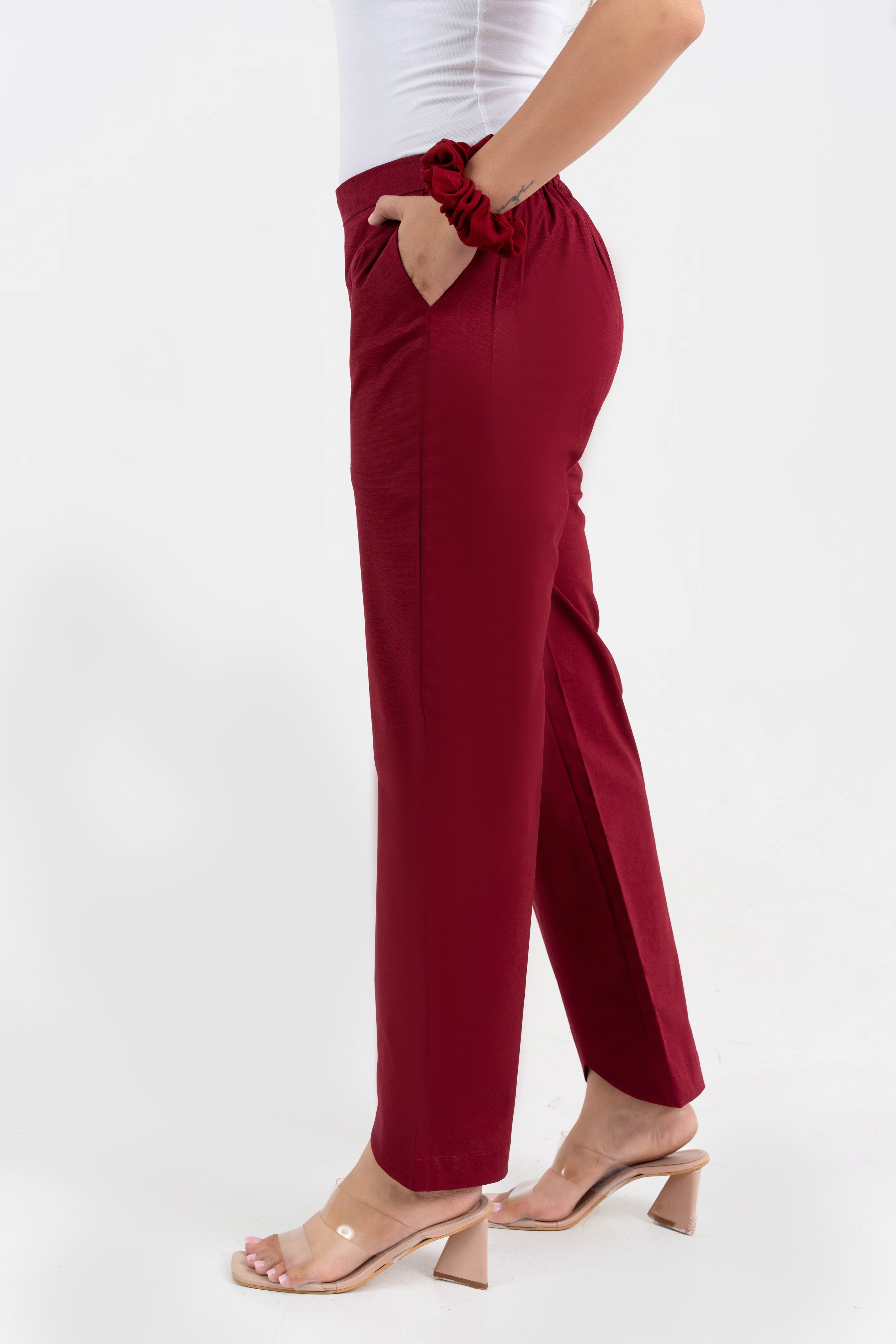 Maroon Pure Cotton Solid Pant With Leaf Bottom