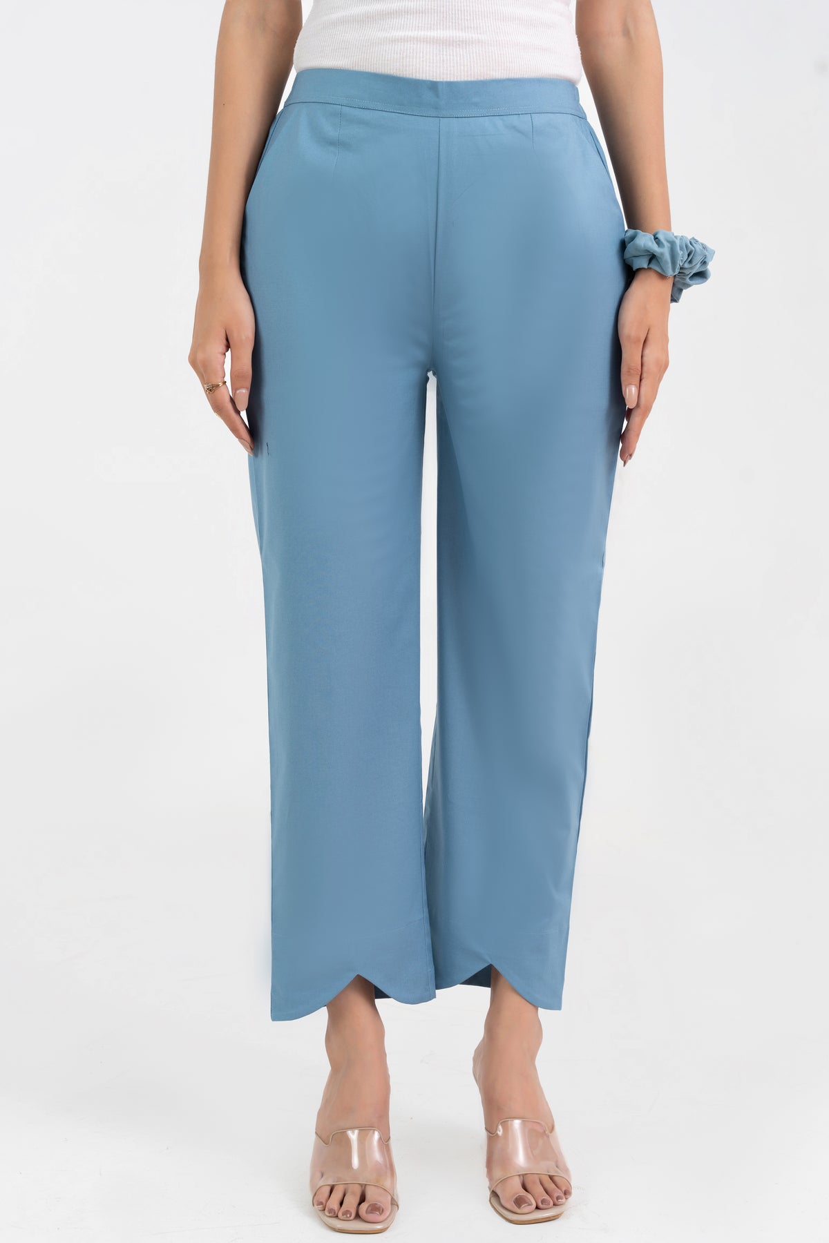 Light Blue Pure Cotton Solid Pant With Leaf Bottom