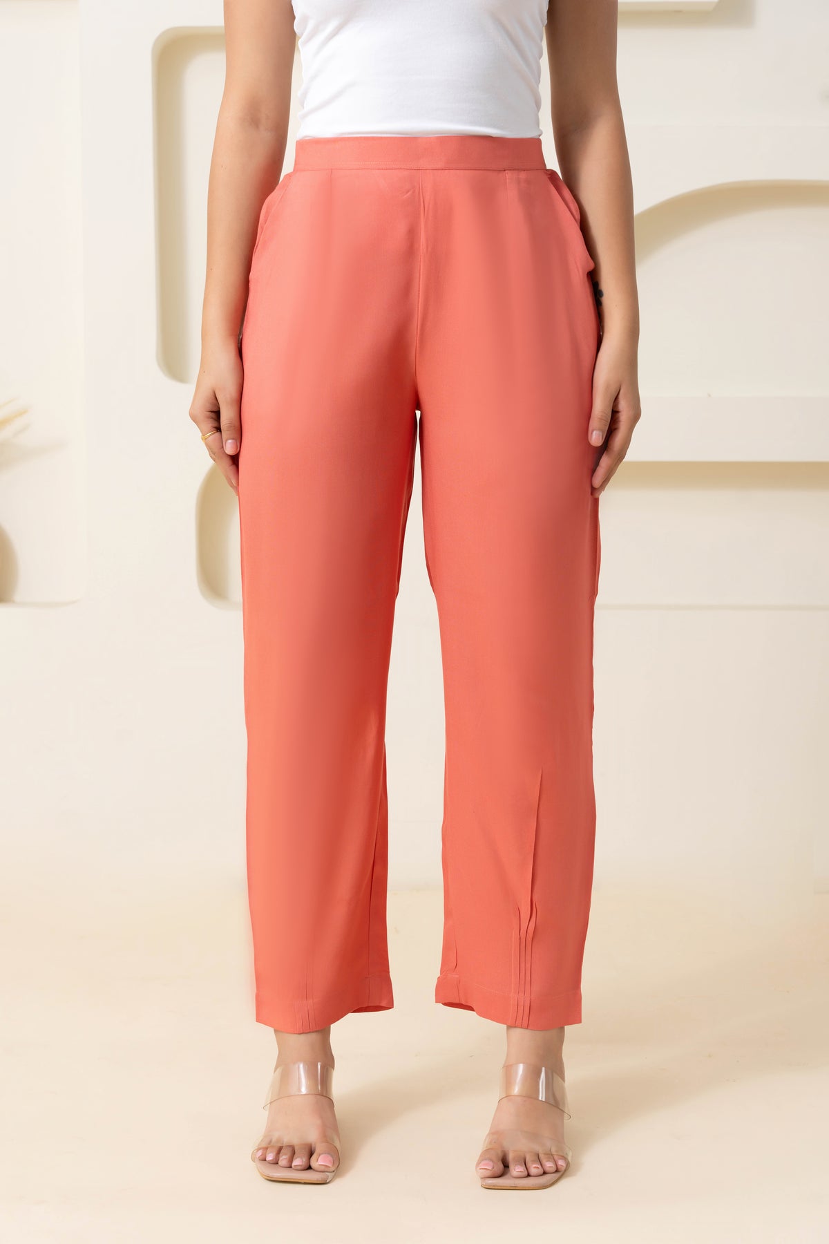 Peach Solid Viscose Pant with Pleated Bottom