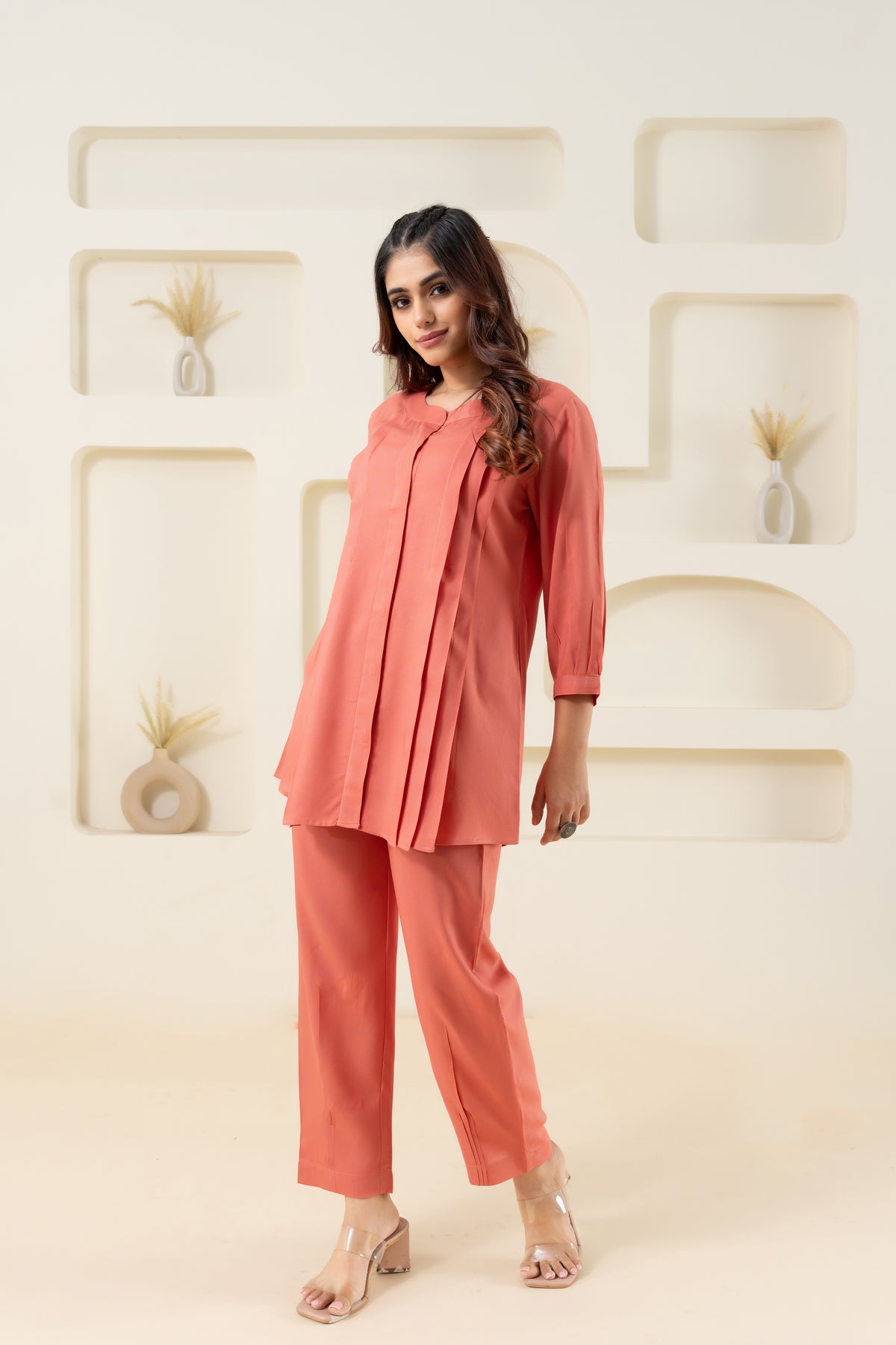 Peach Pleated Flared Solid Co-ord Set