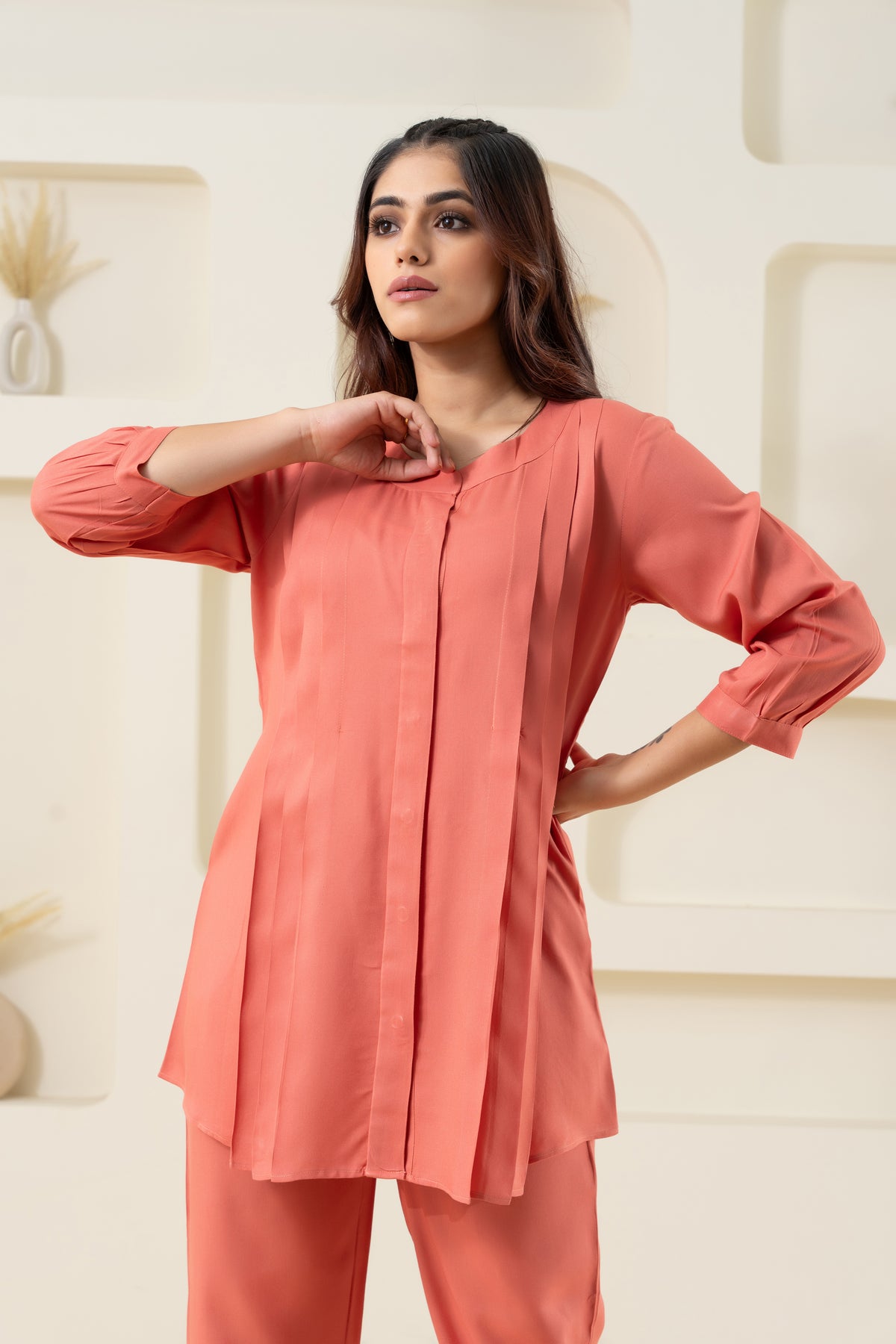 Peach Pleated Flared Solid (Top)