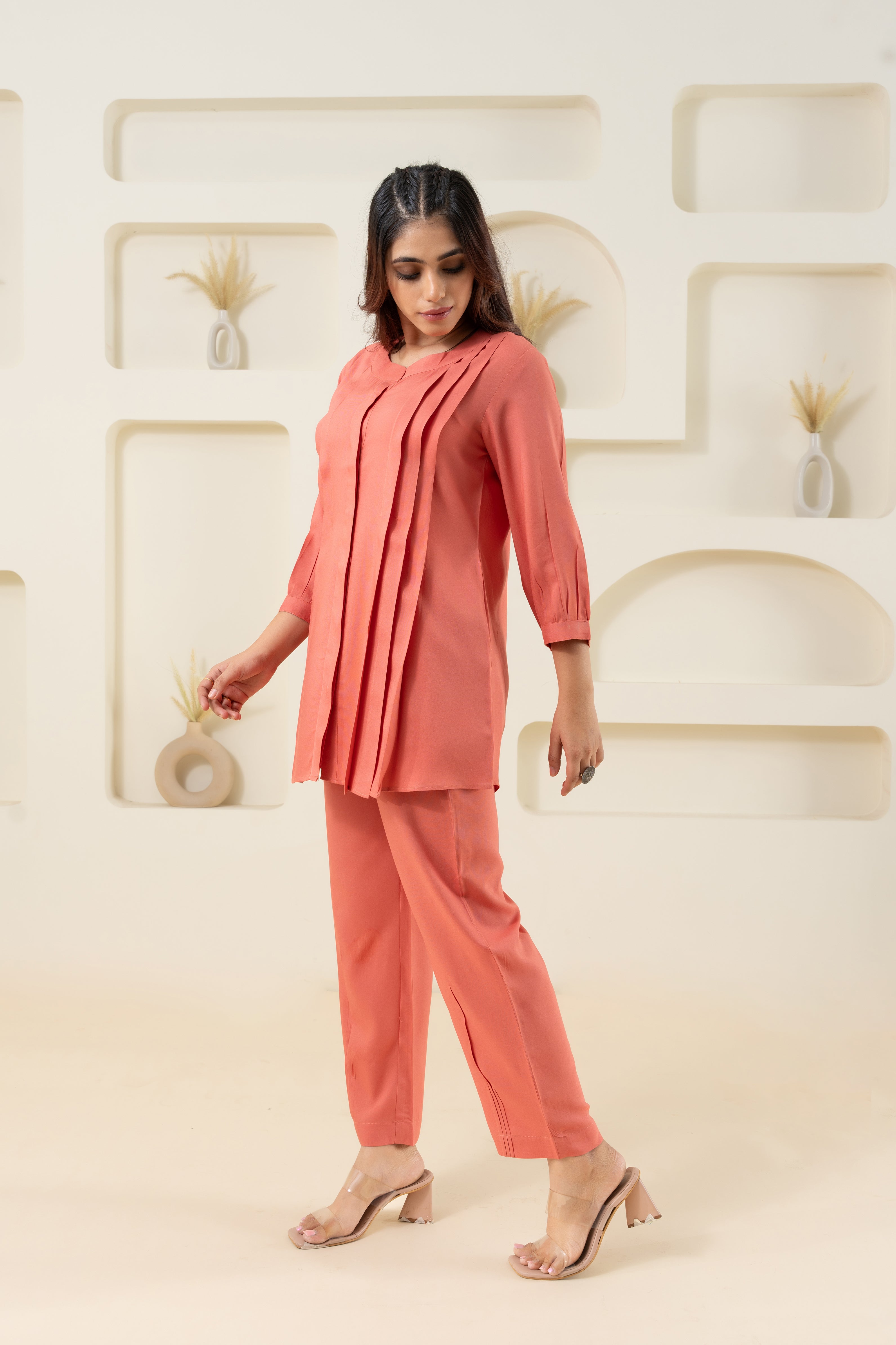 Peach Pleated Flared Solid Co-ord Set