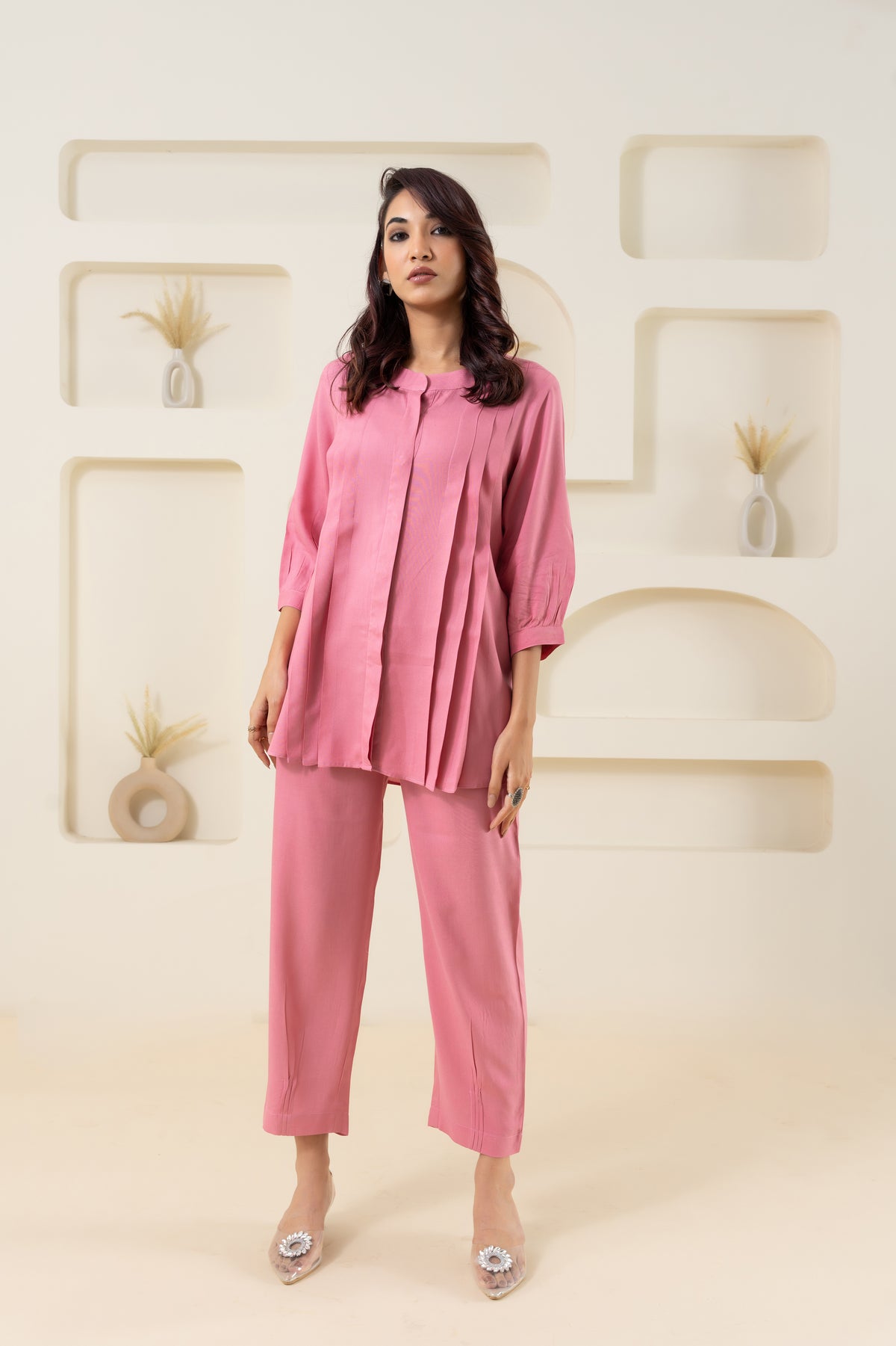 Pink Pleated Flared Solid Co-ord Set