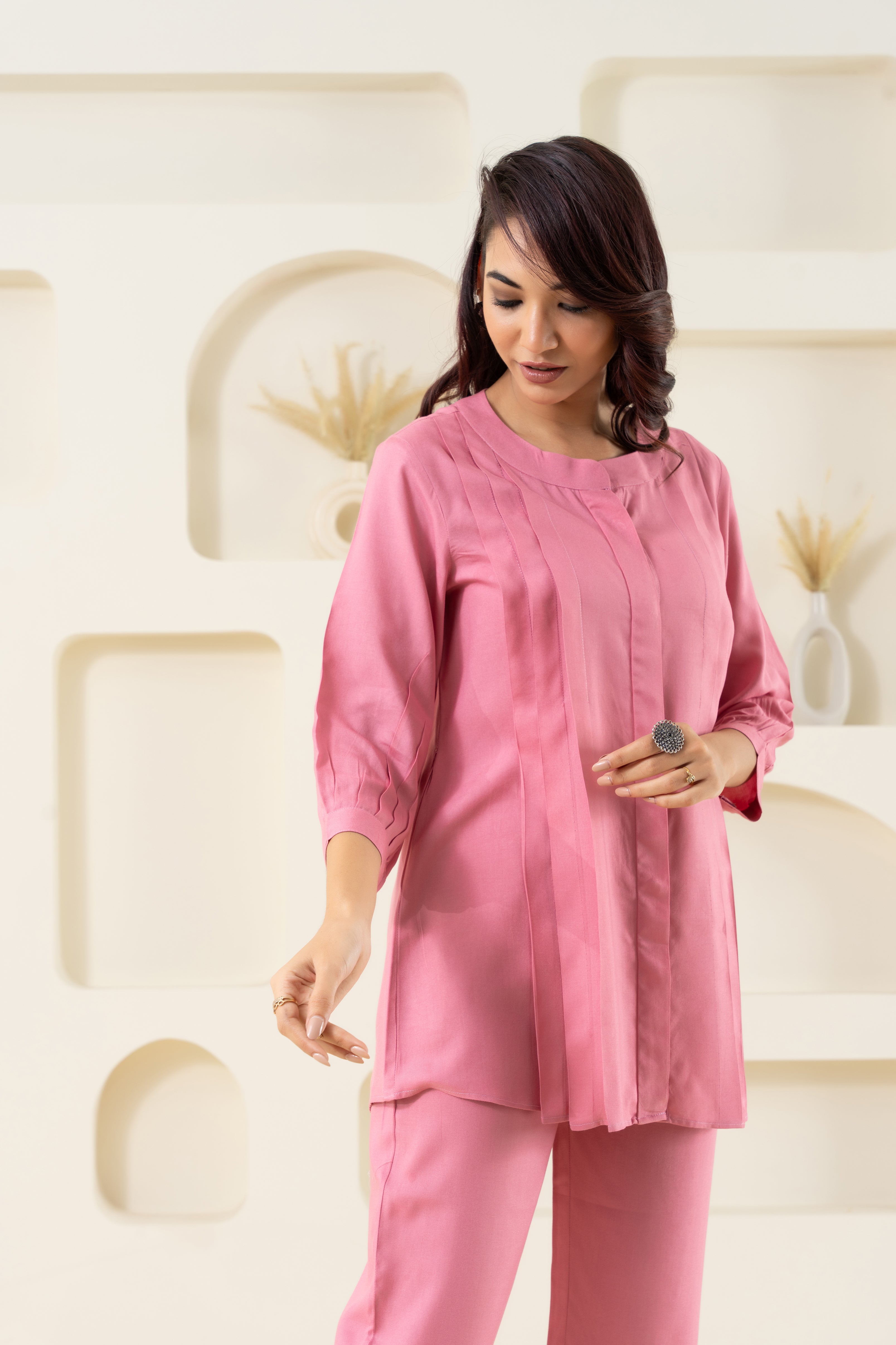 Pink Pleated Flared Solid Co-ord Set