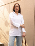 White Pure Cotton Pleated Collar Neck Top with Stylised Sleeve