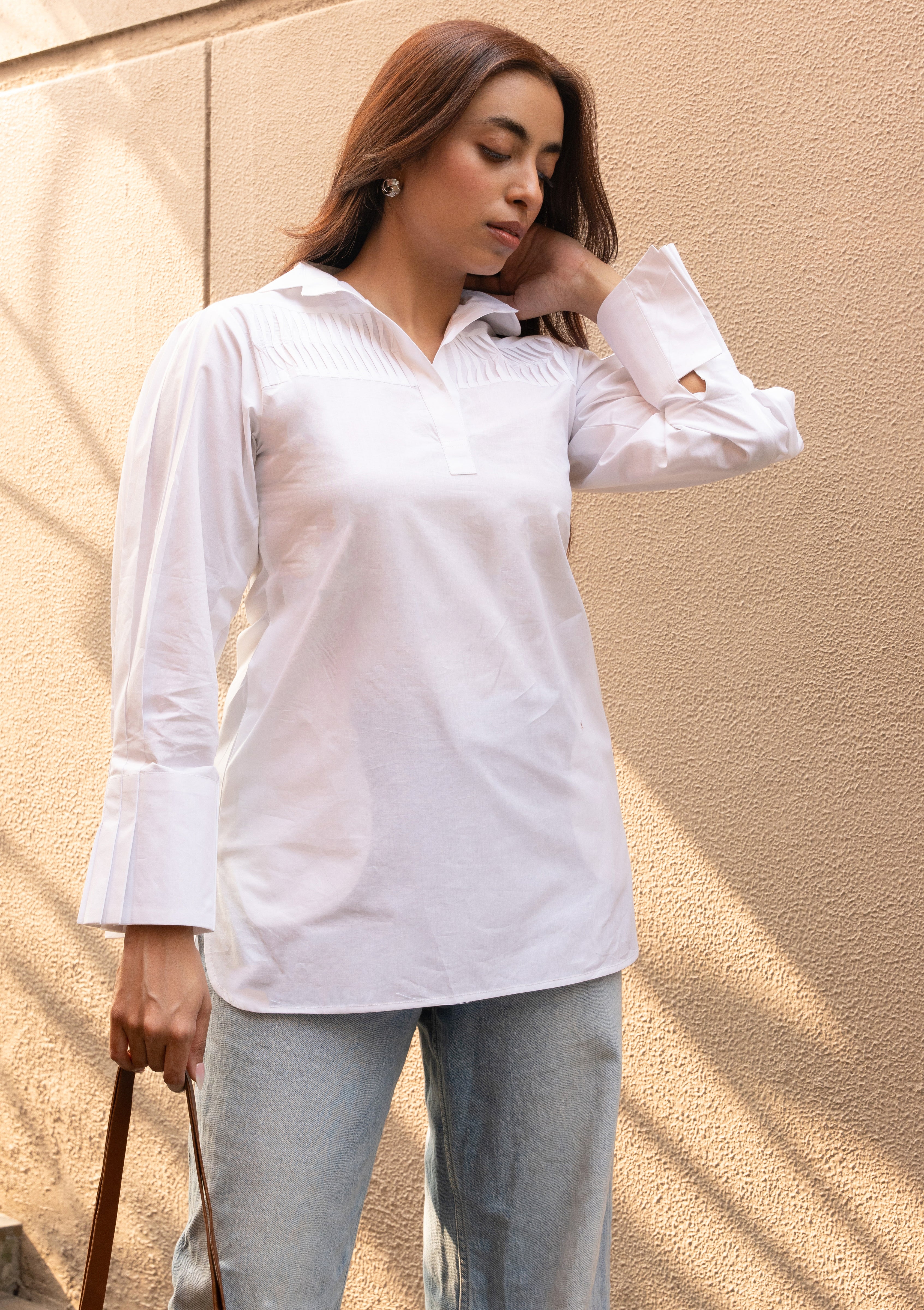 White Pure Cotton Pleated Collar Neck Top with Stylised Sleeve