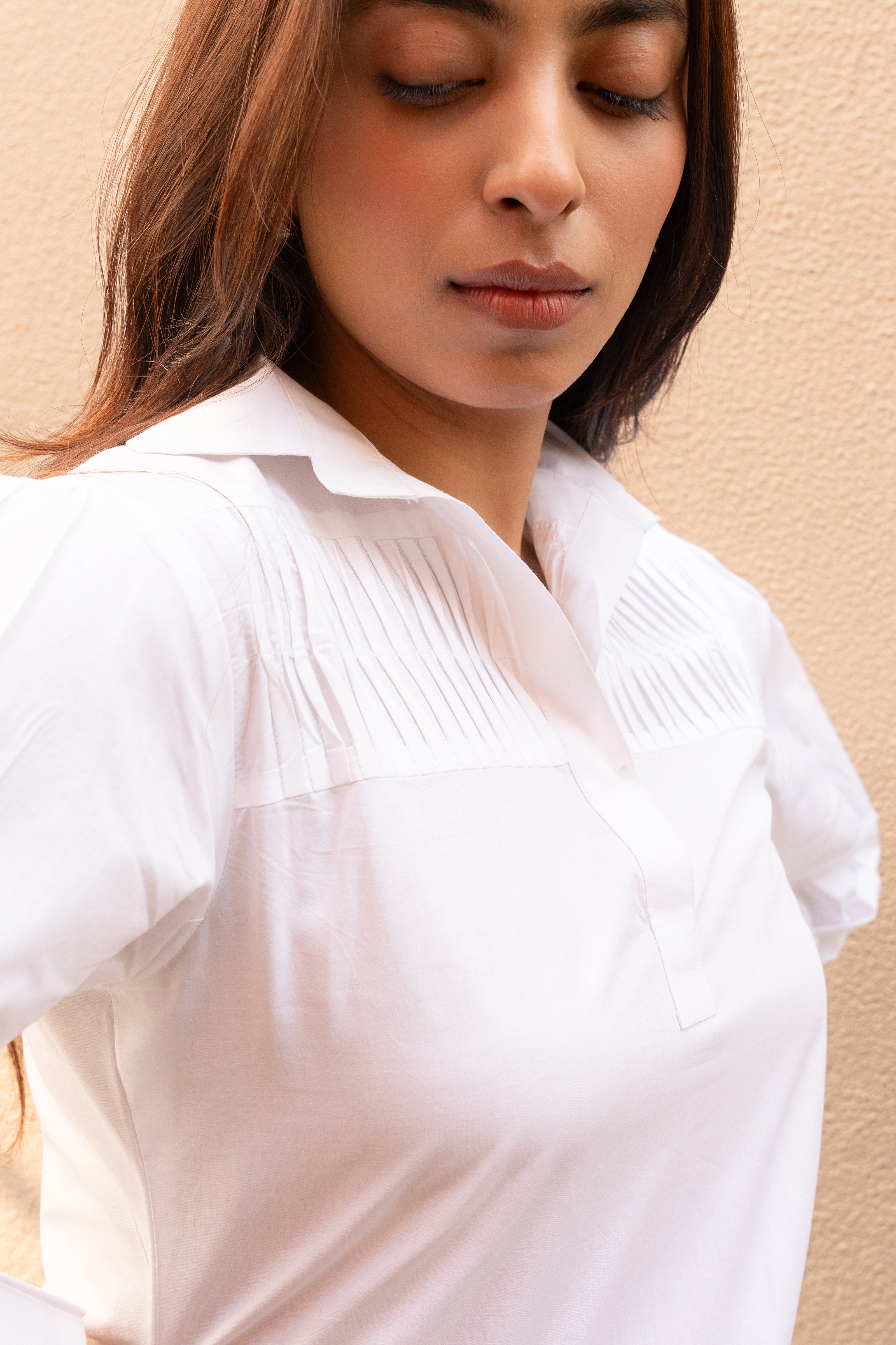 White Pure Cotton Pleated Collar Neck Top with Stylised Sleeve