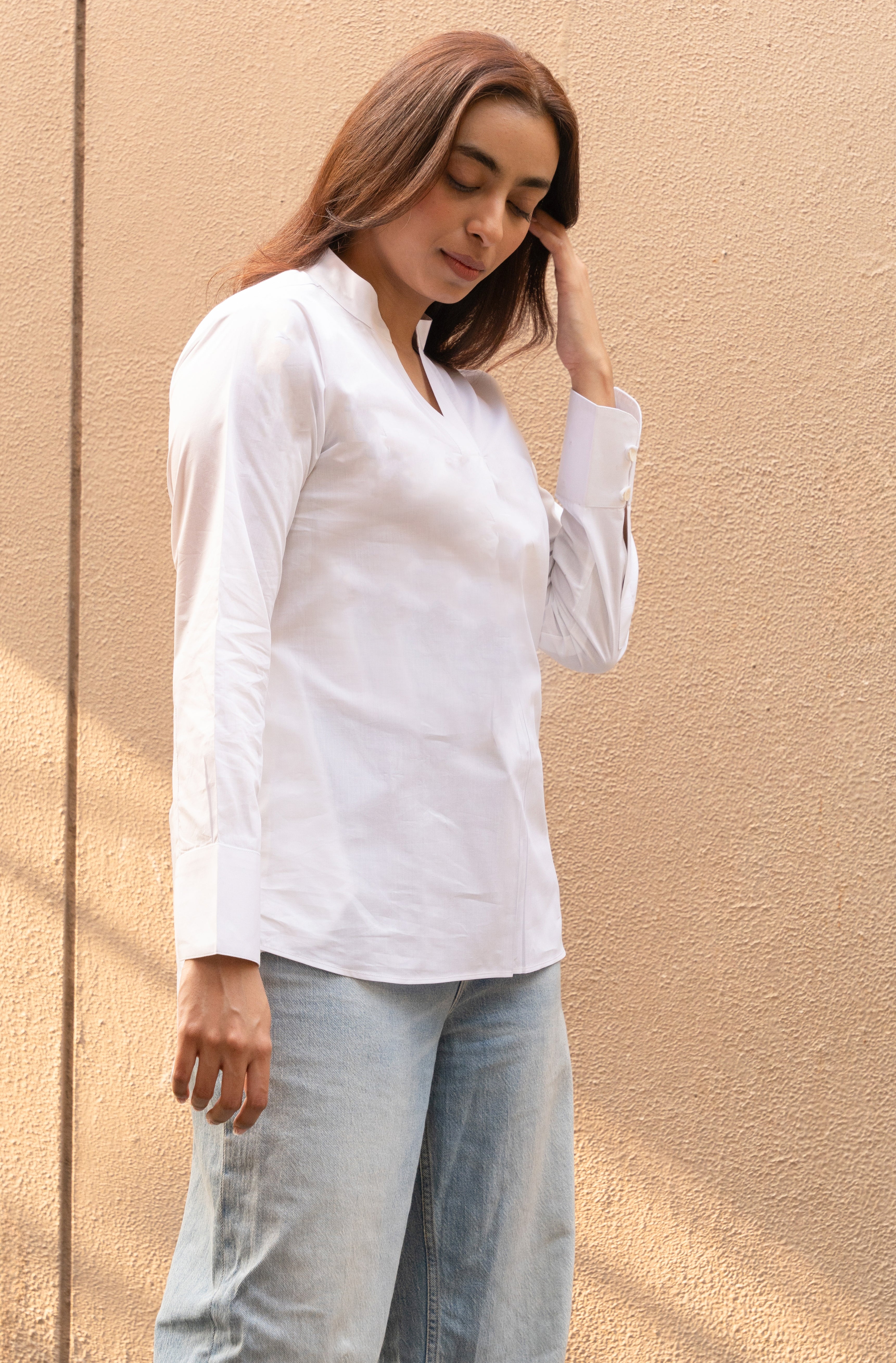 White Pure Cotton Mandarin Neck Top