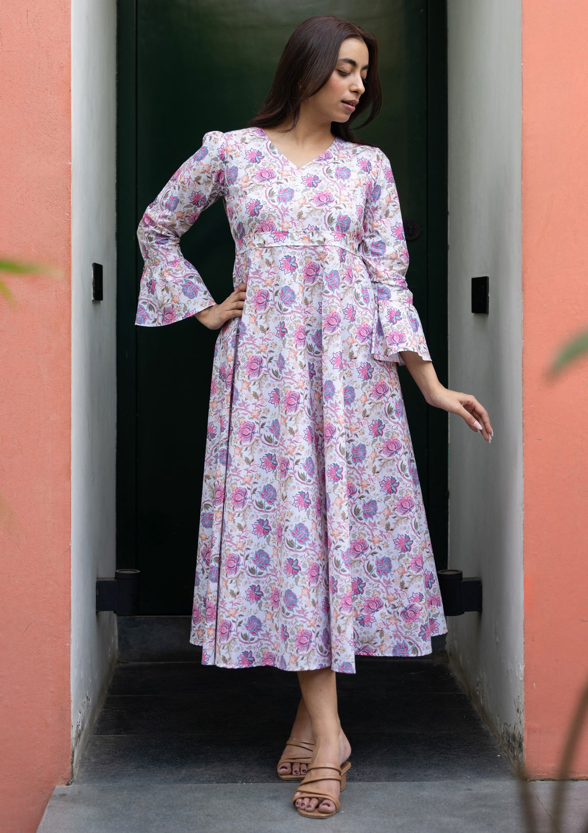 White Floral Printed Pure Cotton Dress