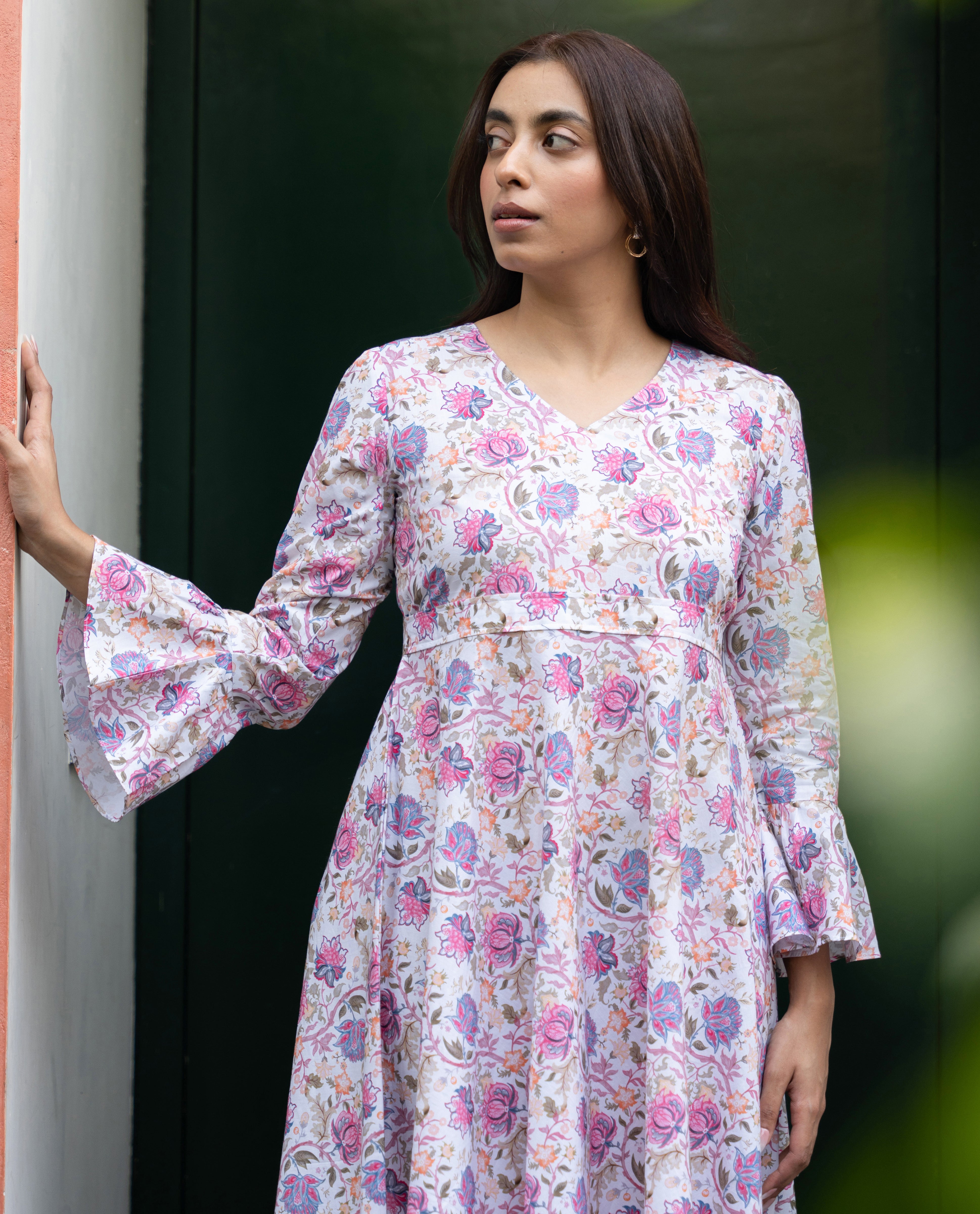 White Floral Printed Pure Cotton Dress