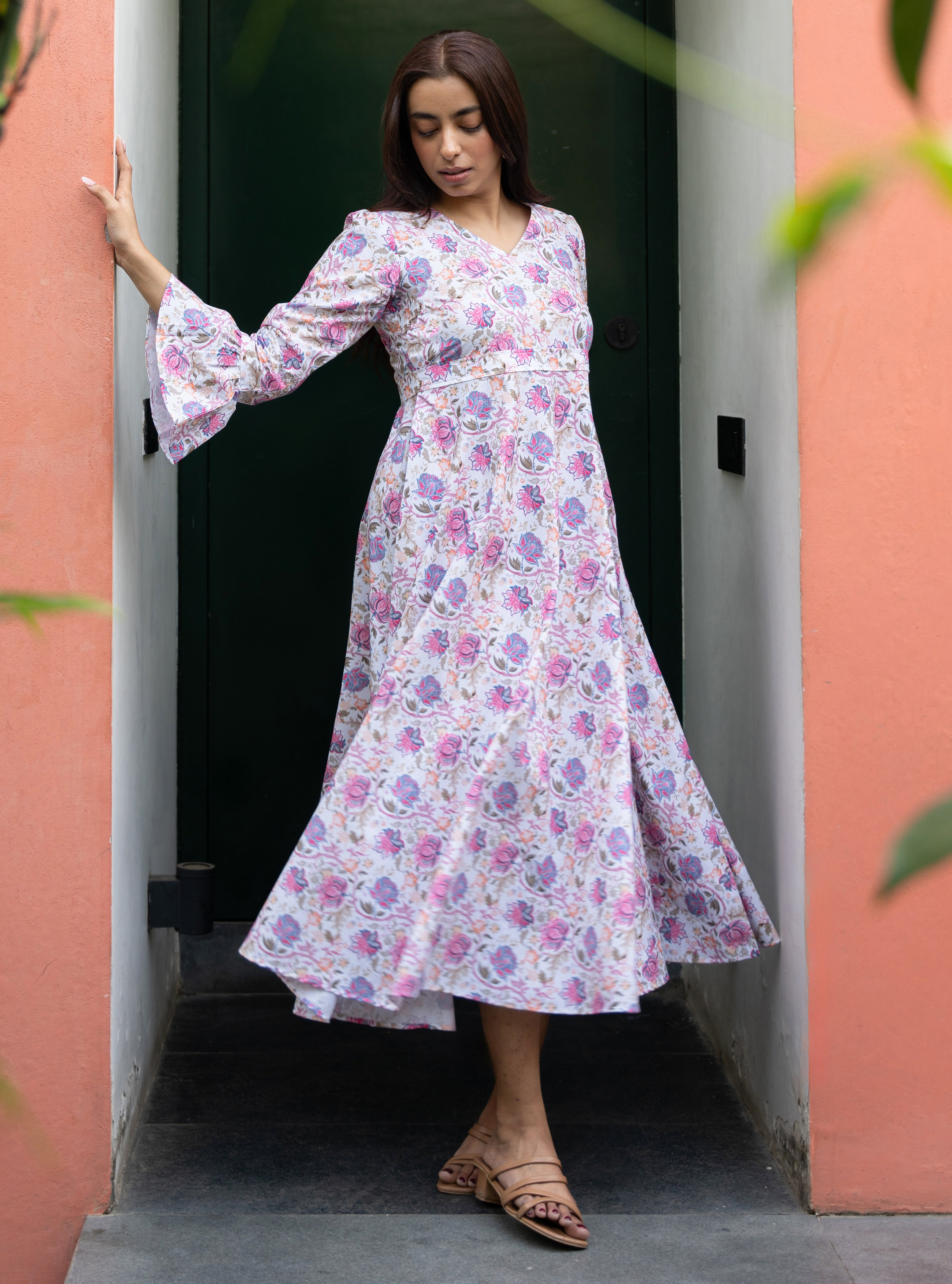 White Floral Printed Pure Cotton Dress