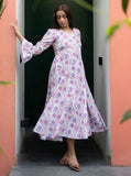 White Floral Printed Pure Cotton Dress