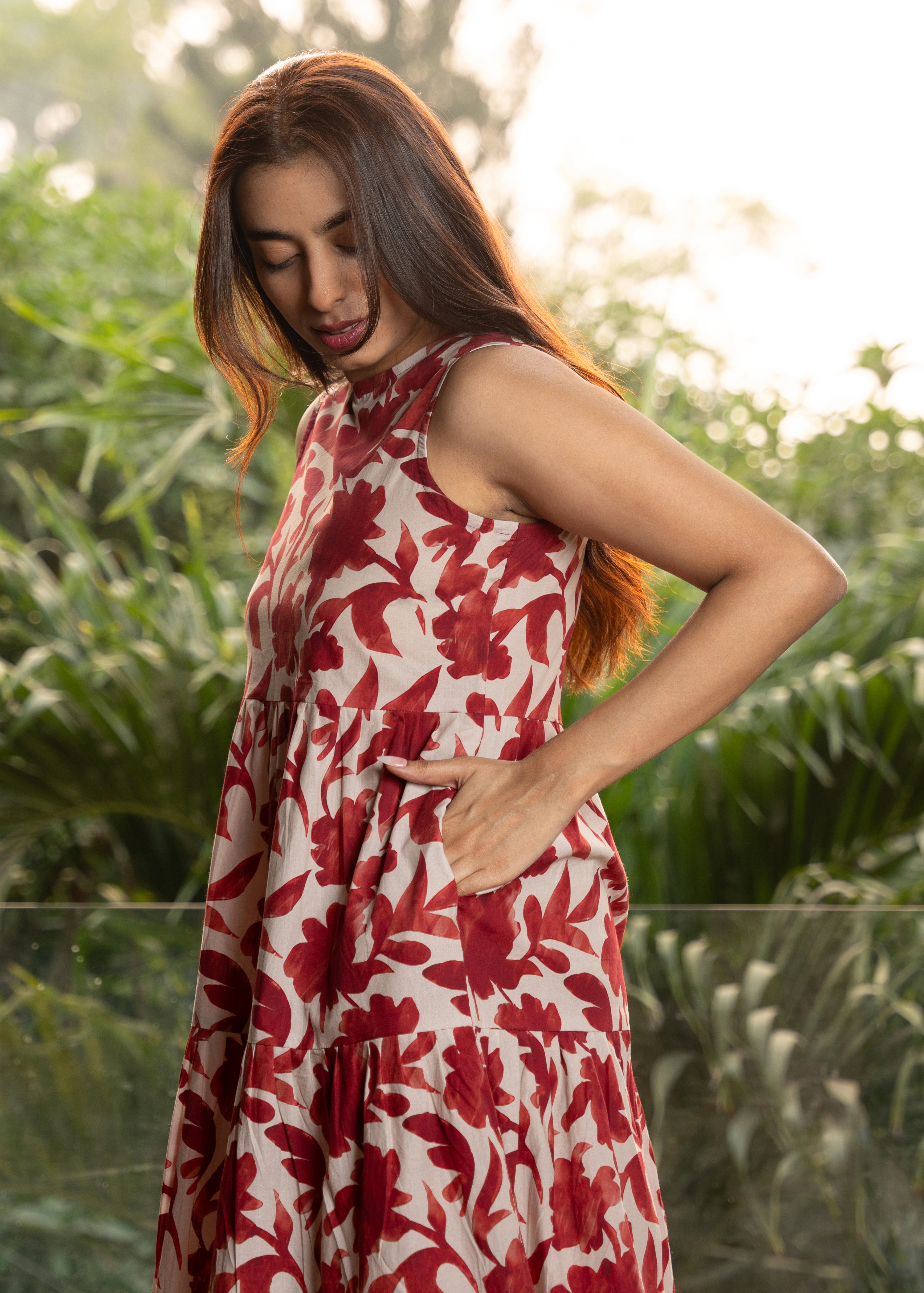 Maroon Halter Neck Pure Cotton Abstract Floral Dress